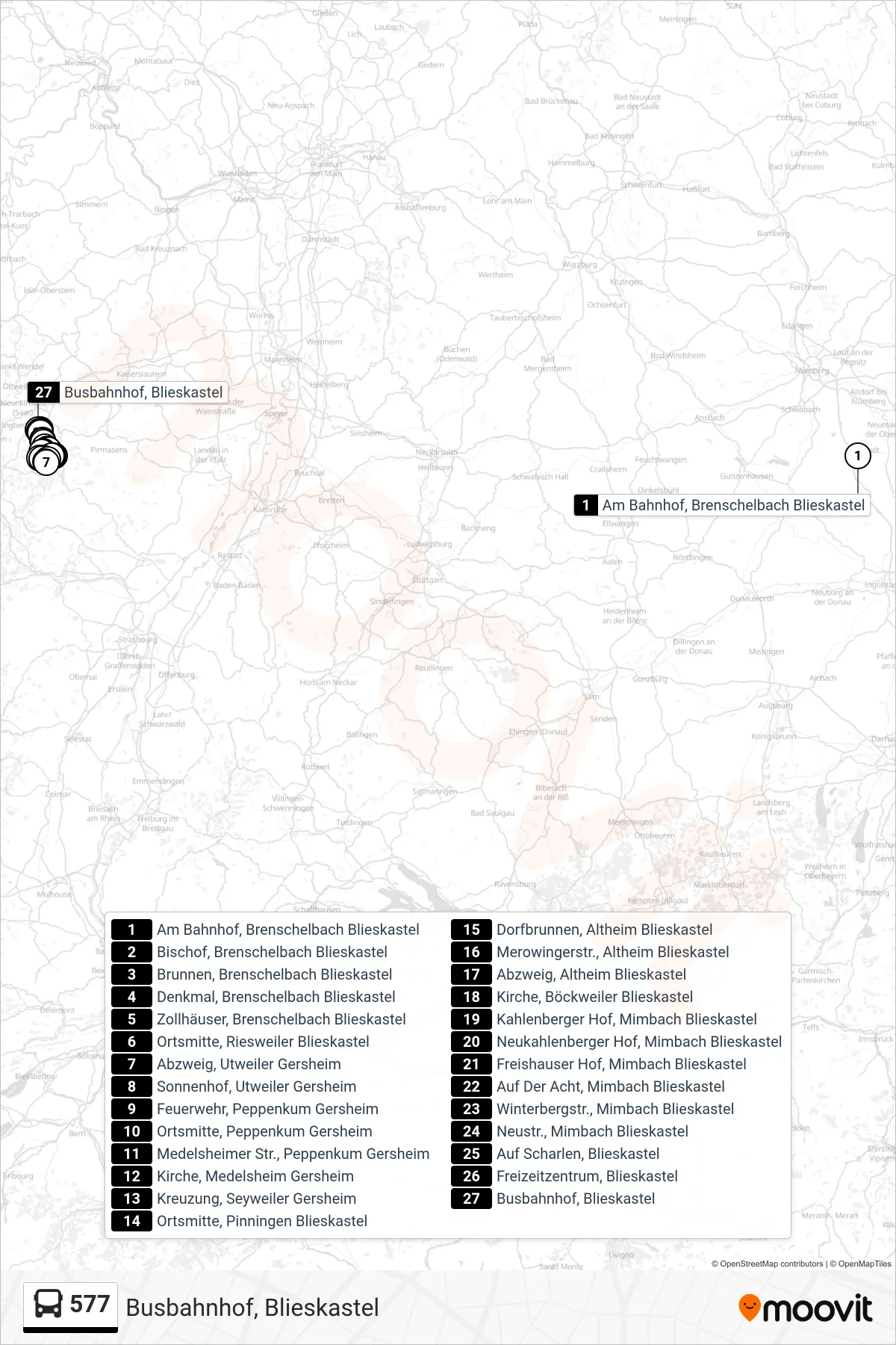 577 bus Line (Busbahnhof, Blieskastel) route and stops on a map