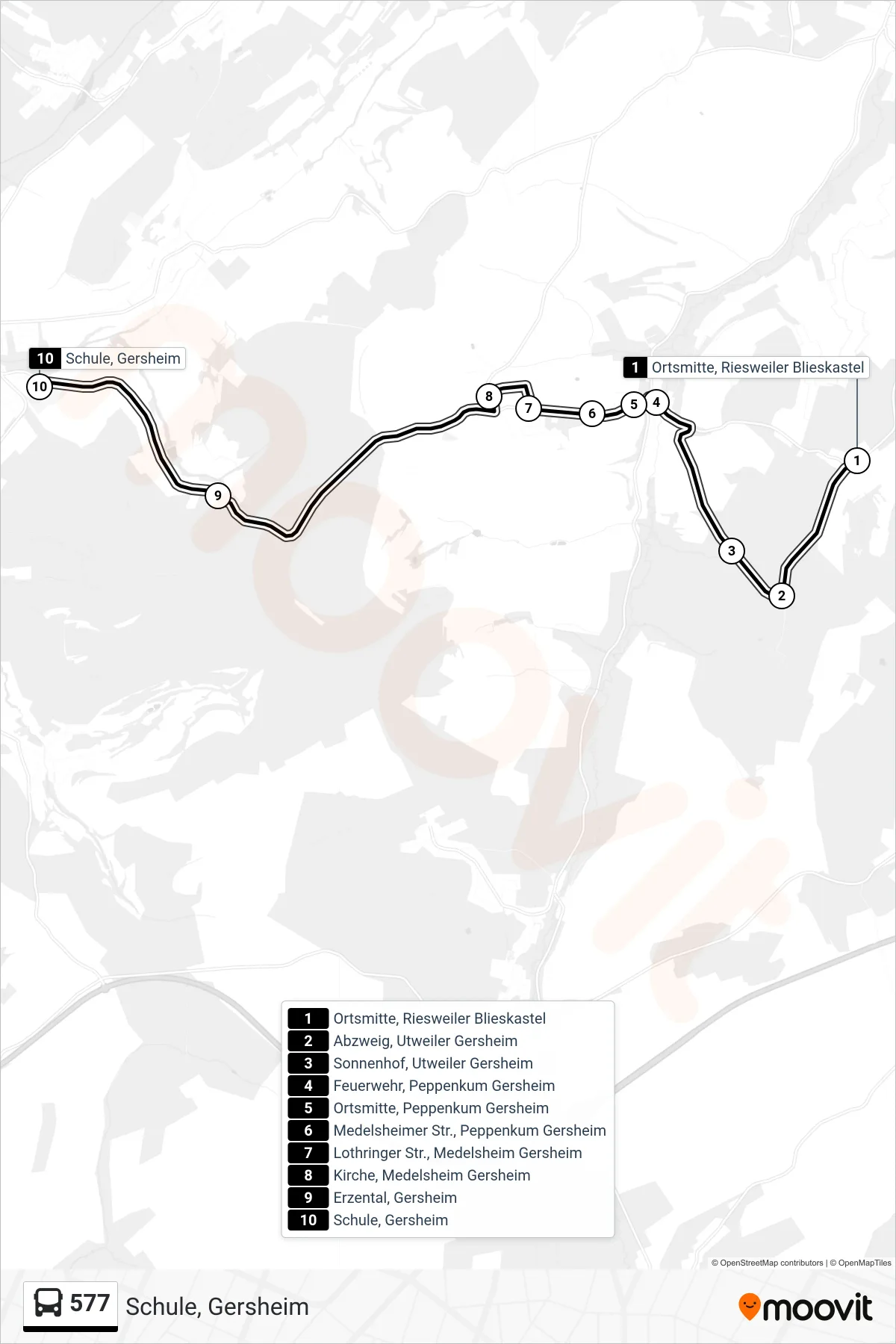 577 bus Line (Schule, Gersheim) route and stops on a map