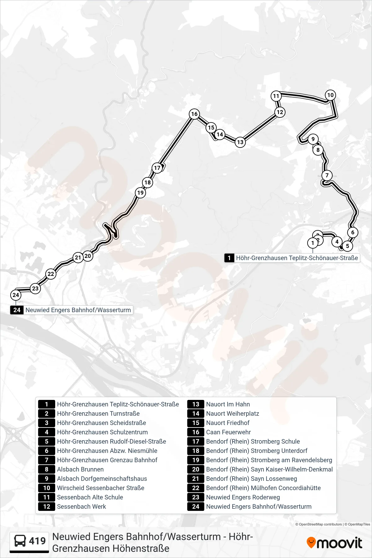 419 bus Line (Neuwied Engers Bahnhof/Wasserturm) route and stops on a map