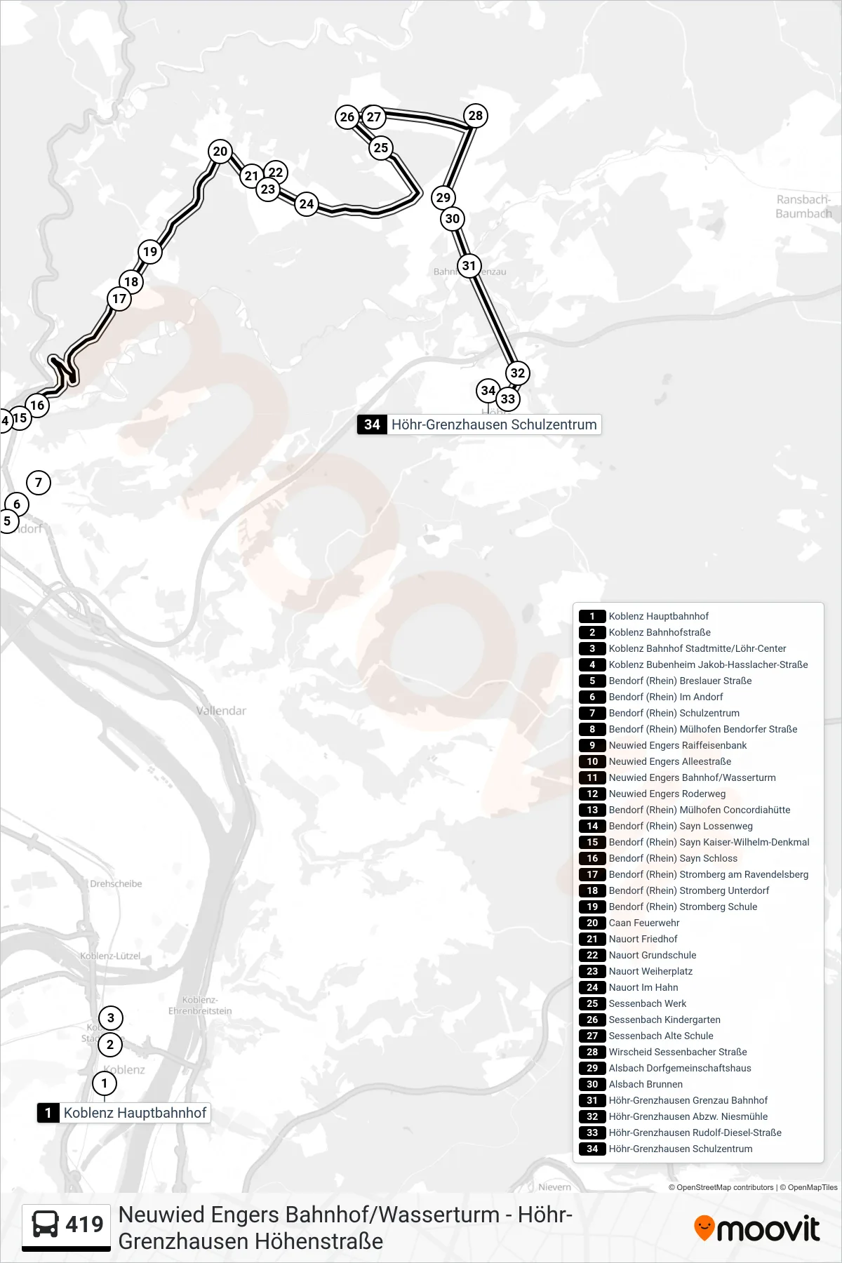 419 bus Line (Höhr-Grenzhausen Schulzentrum) route and stops on a map