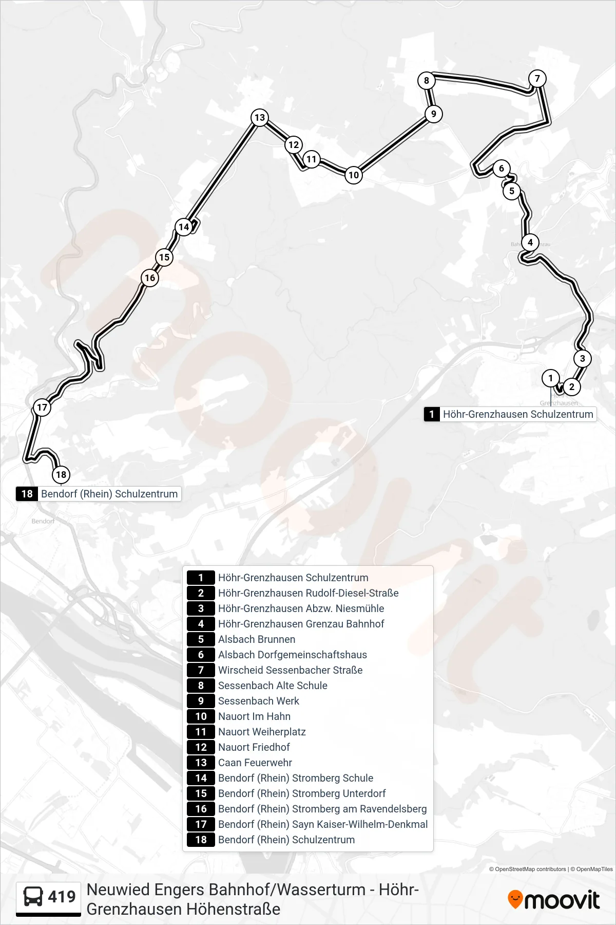 419 bus Line (Bendorf (Rhein) Schulzentrum) route and stops on a map