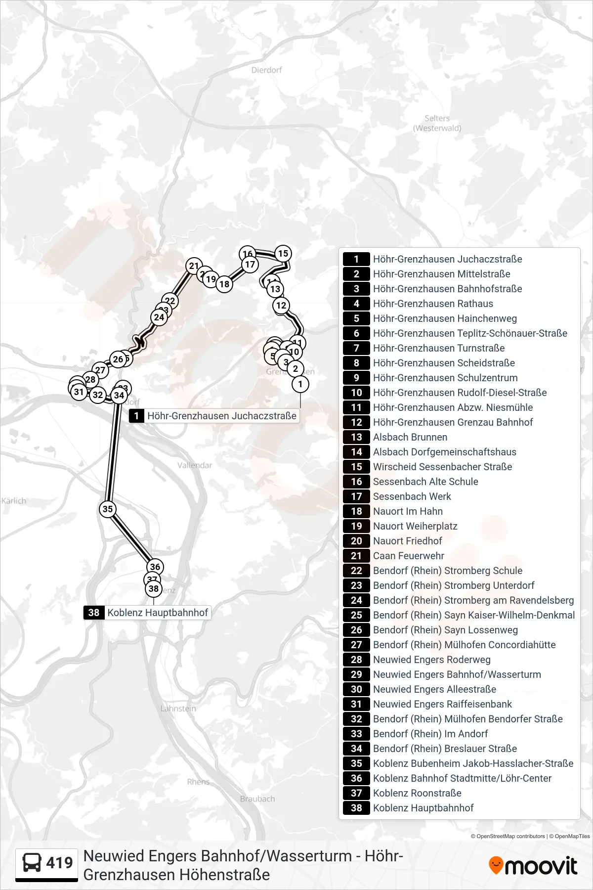 419 bus Line (Koblenz Hauptbahnhof) route and stops on a map