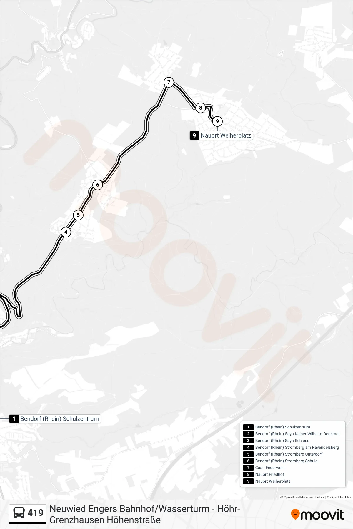 419 bus Line (Nauort Weiherplatz) route and stops on a map