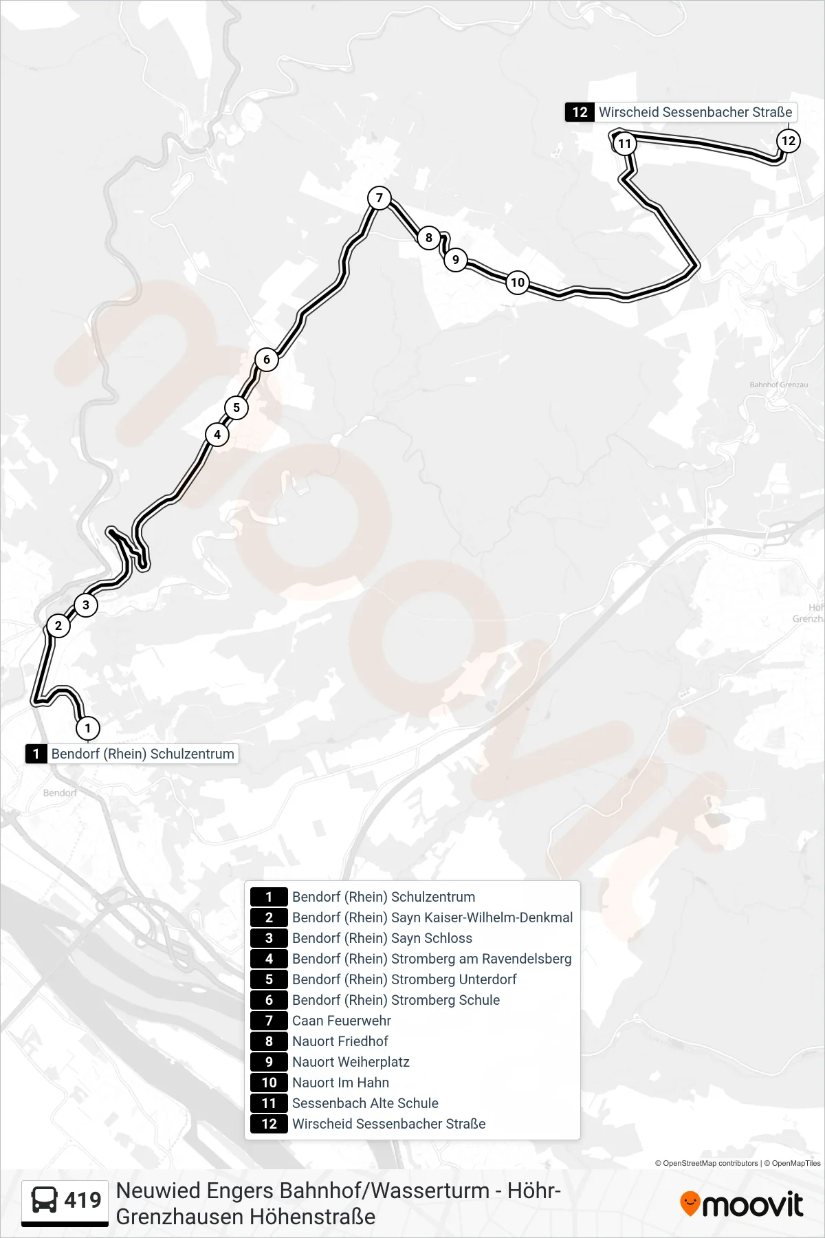 419 bus Line (Wirscheid Sessenbacher Straße) route and stops on a map