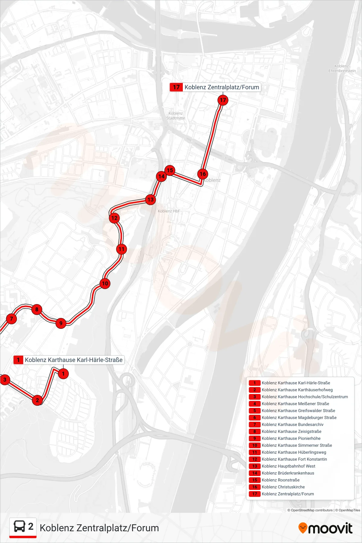 Linie 2 (Bus) Richtung Koblenz Zentralplatz/Forum: Route und Haltestellen auf der Karte
