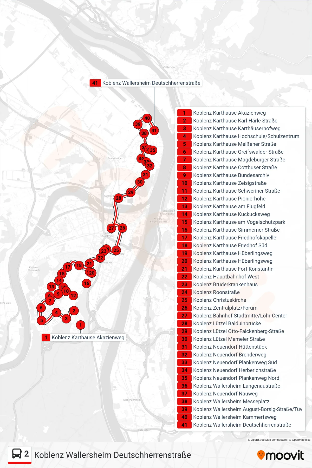 2 bus Line (Koblenz Wallersheim Deutschherrenstraße) route and stops on a map