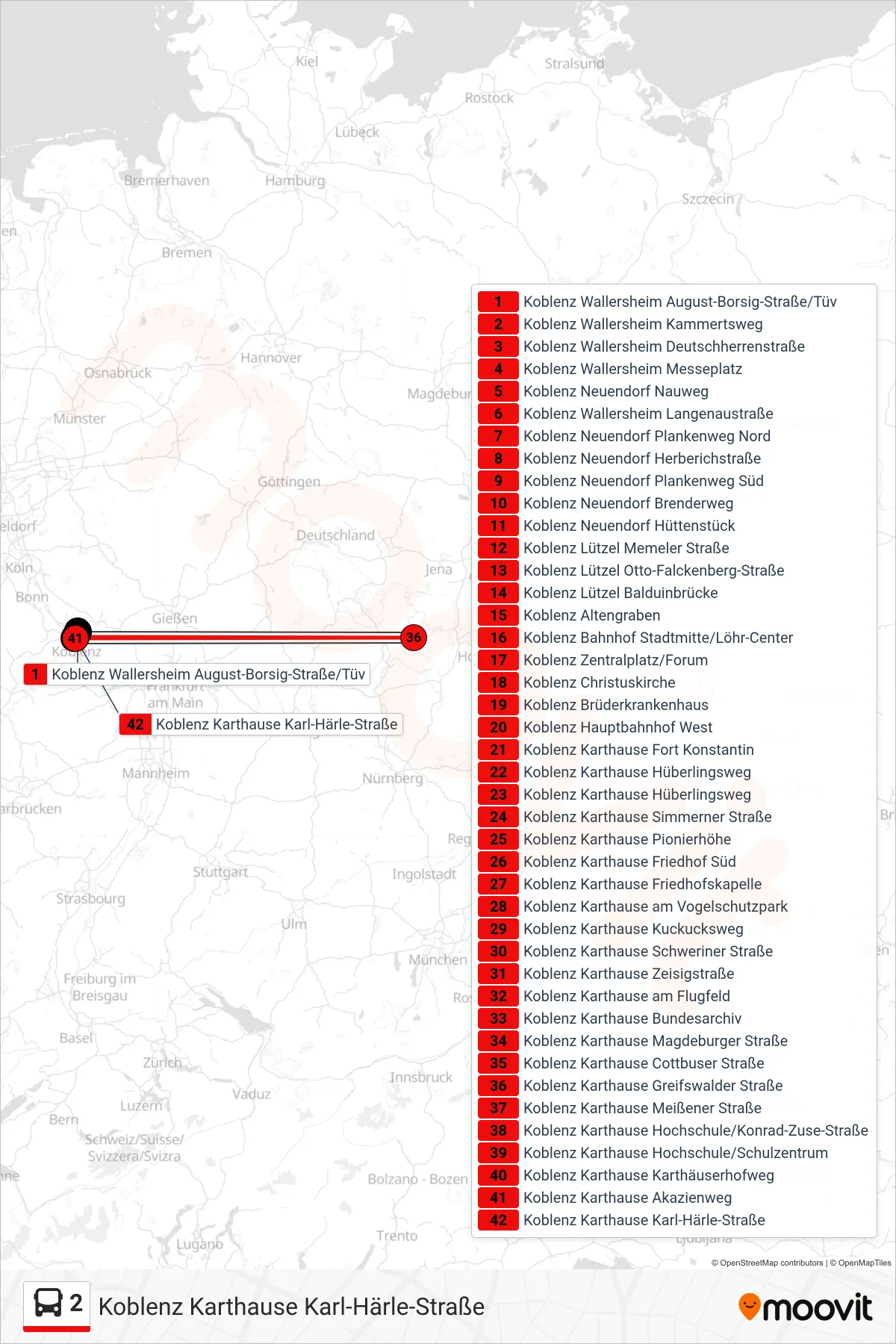 2 bus Line (Koblenz Karthause Karl-Härle-Straße) route and stops on a map