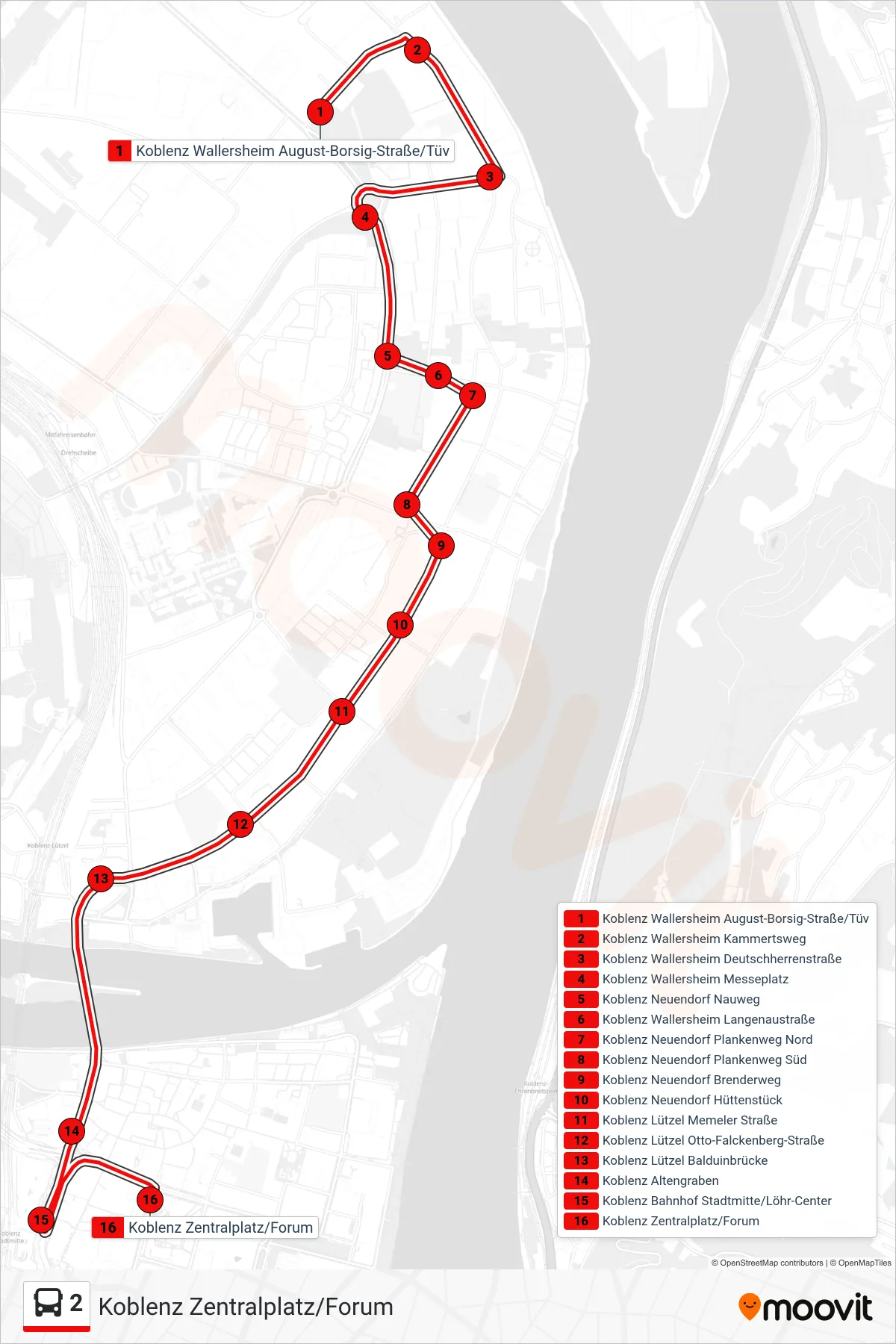 2 bus Line (Koblenz Zentralplatz/Forum) route and stops on a map