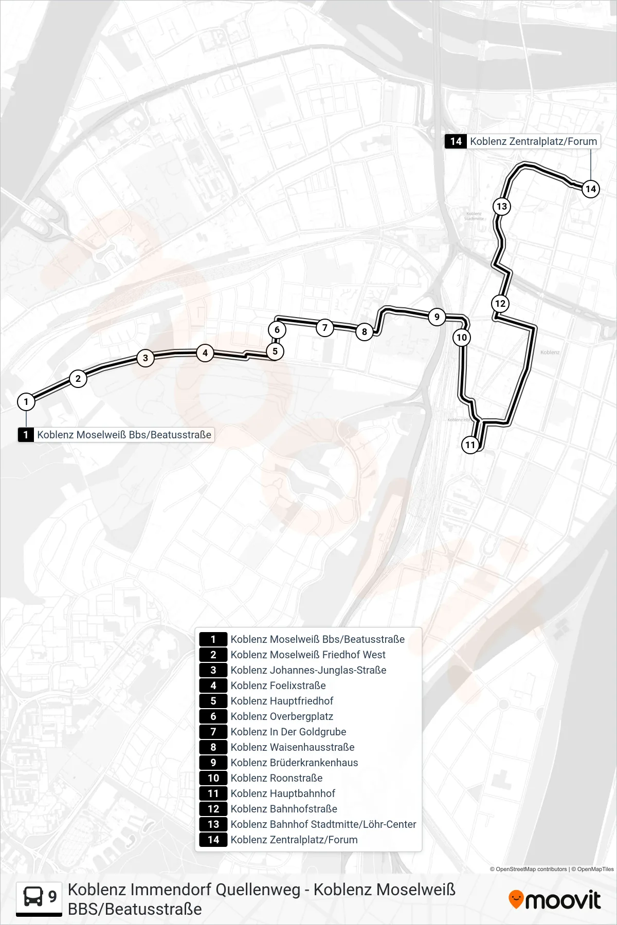 9 bus Line (Koblenz Zentralplatz/Forum) route and stops on a map