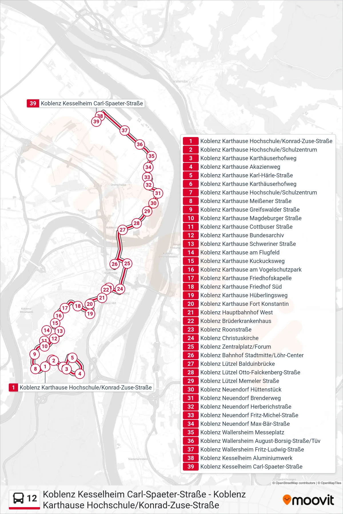 Linie 12 (Bus) Richtung Koblenz Kesselheim Carl-Spaeter-Straße: Route und Haltestellen auf der Karte