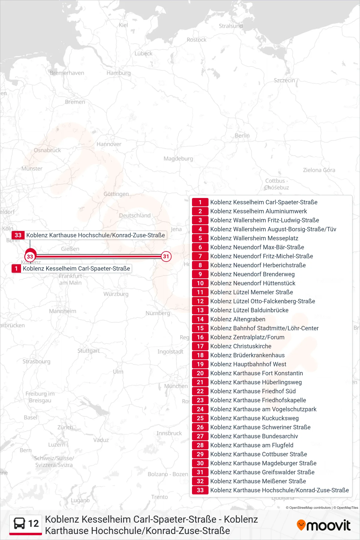 12 bus Line (Koblenz Karthause Hochschule/Konrad-Zuse-Straße) route and stops on a map