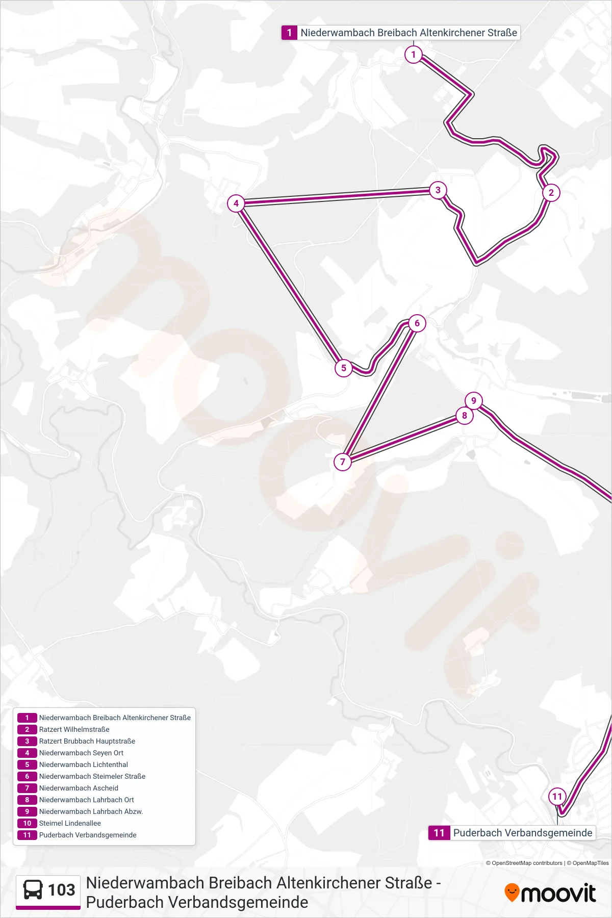 103 bus Line (Puderbach Verbandsgemeinde) route and stops on a map