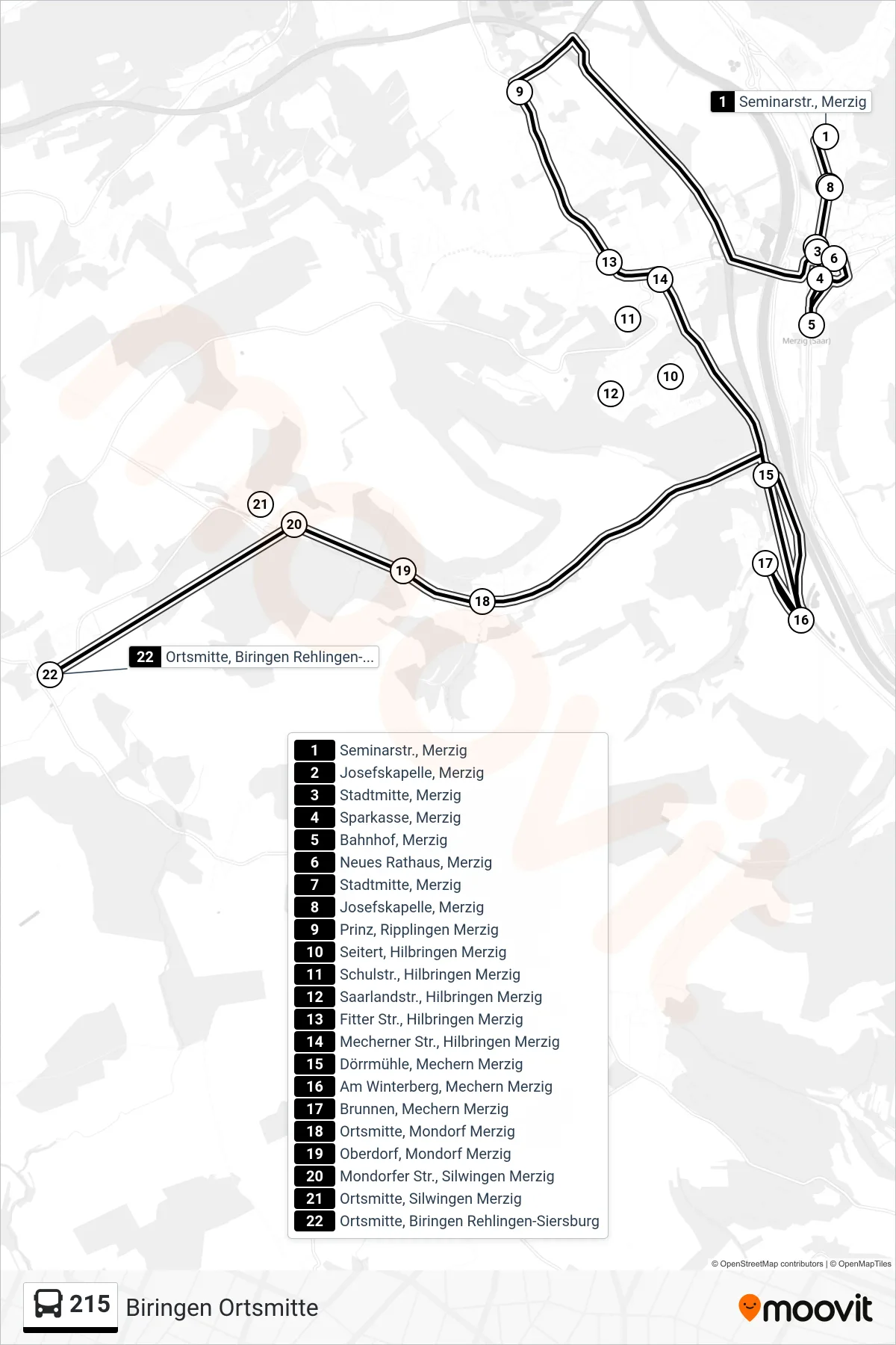 215 bus Line (Biringen Ortsmitte) route and stops on a map