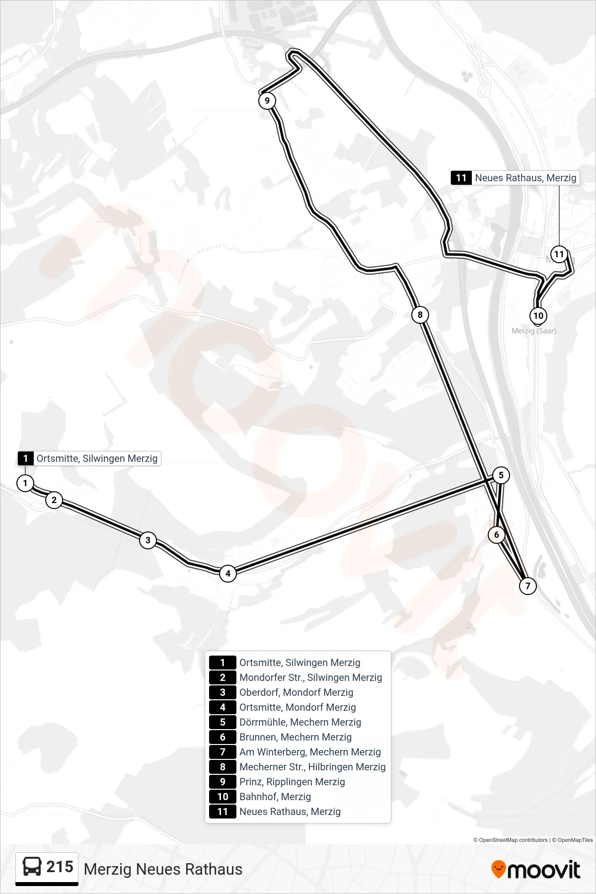 215 bus Line (Merzig Neues Rathaus) route and stops on a map