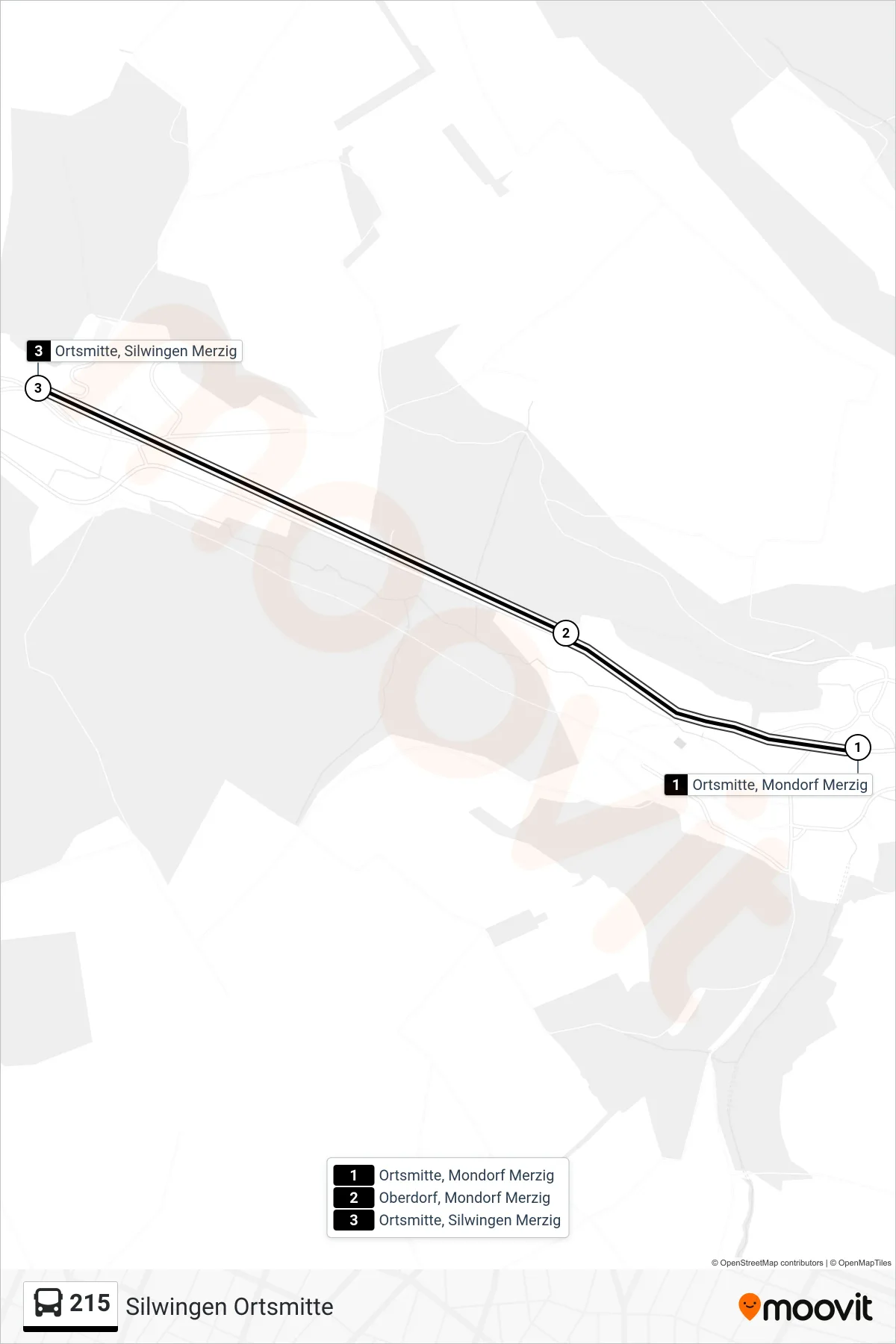215 bus Line (Silwingen Ortsmitte) route and stops on a map