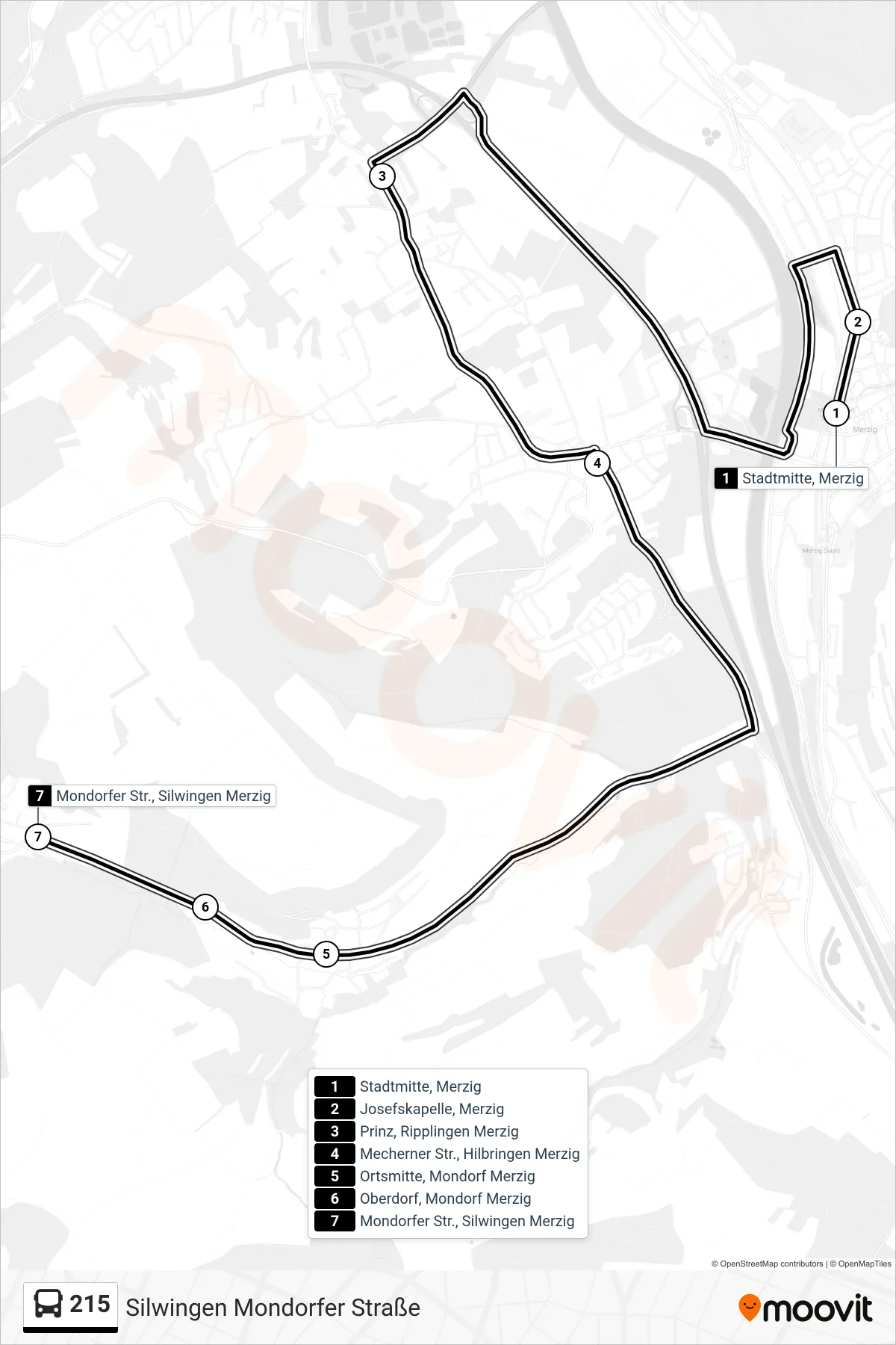215 bus Line (Silwingen Mondorfer Straße) route and stops on a map