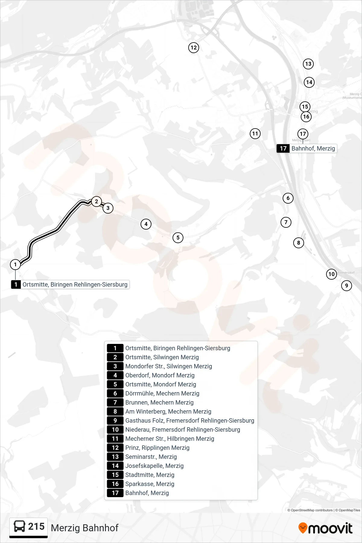 Linie 215 (Bus) Richtung Merzig Bahnhof: Route und Haltestellen auf der Karte