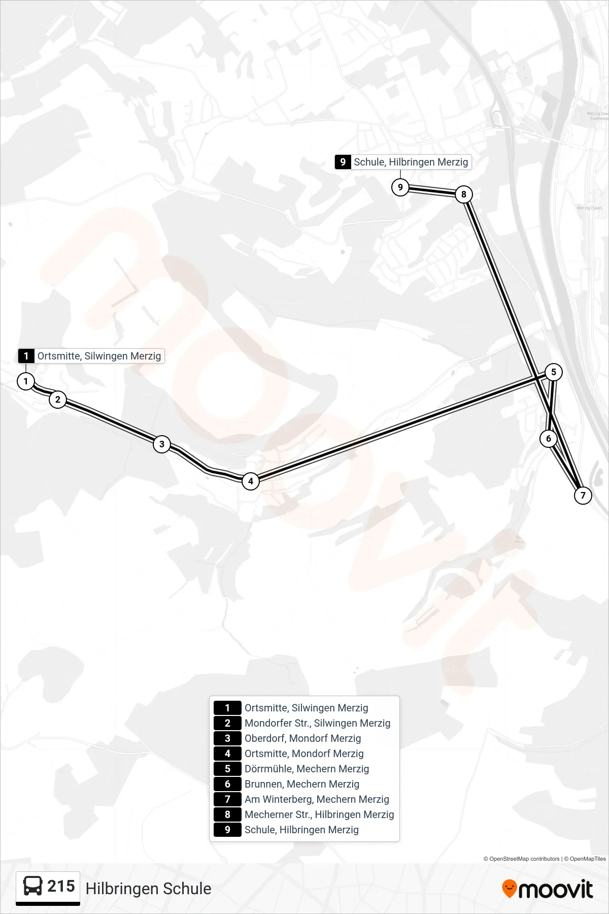 215 bus Line (Hilbringen Schule) route and stops on a map