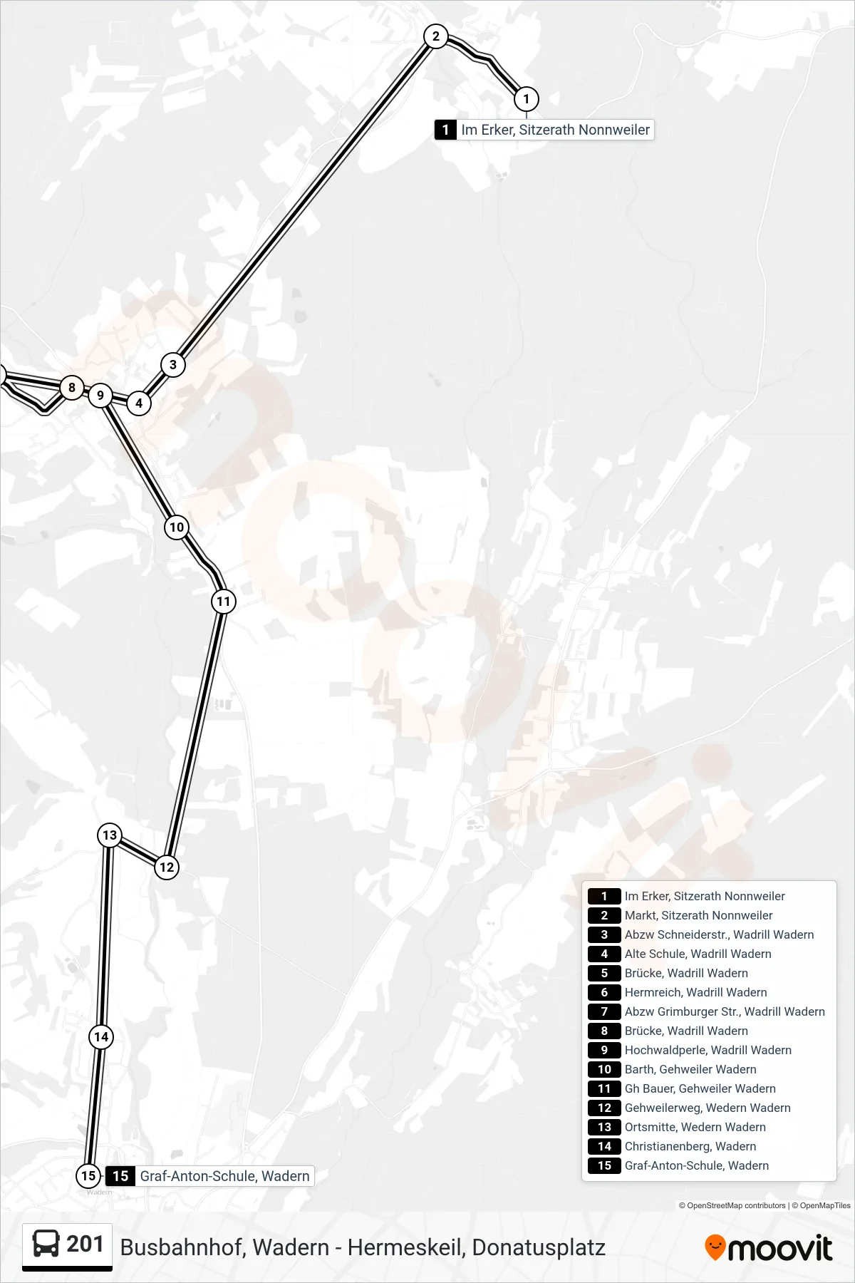 Linie 201 (Bus) Richtung Graf-Anton-Schule, Wadern: Route und Haltestellen auf der Karte