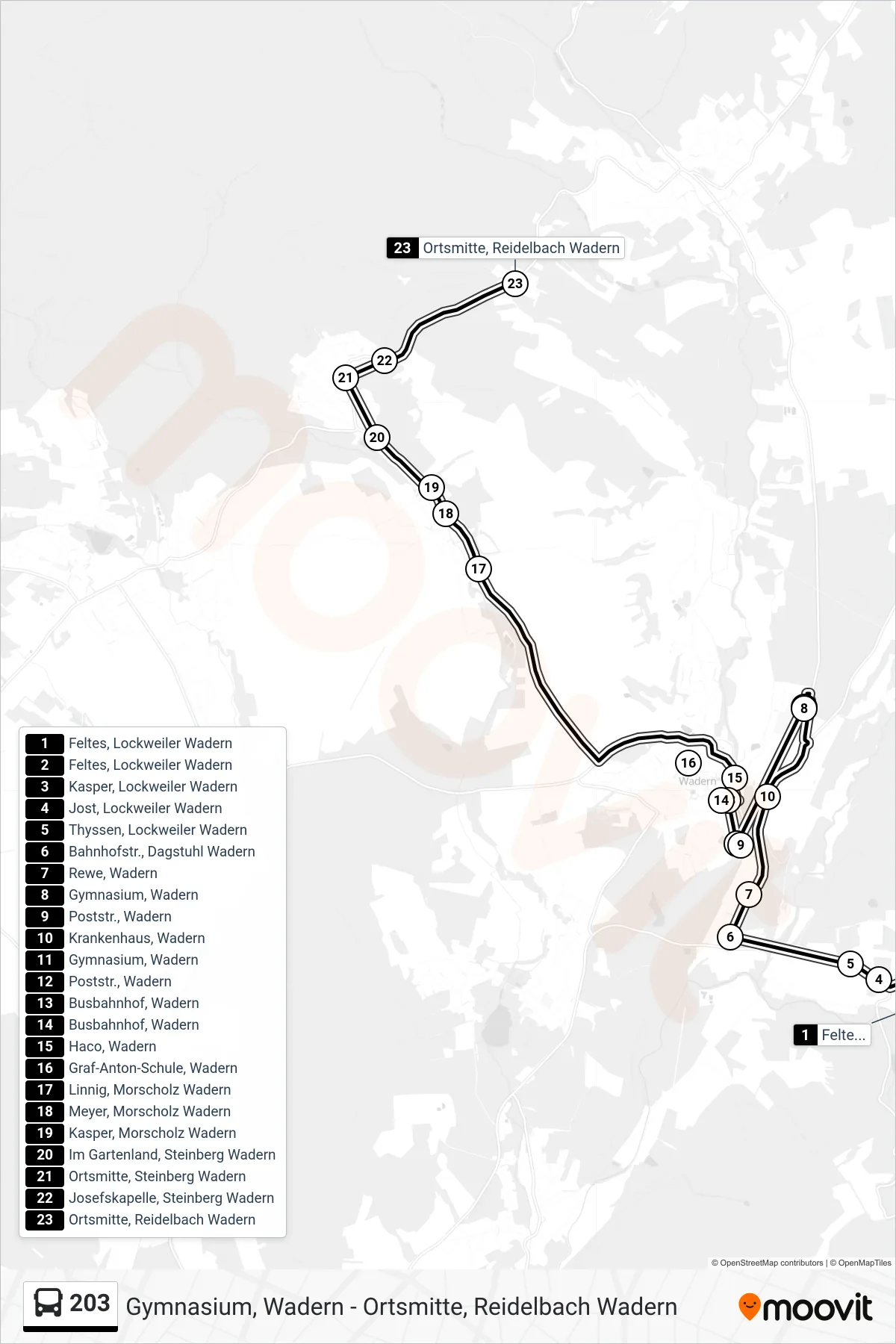203 bus Line (Ortsmitte, Reidelbach Wadern) route and stops on a map