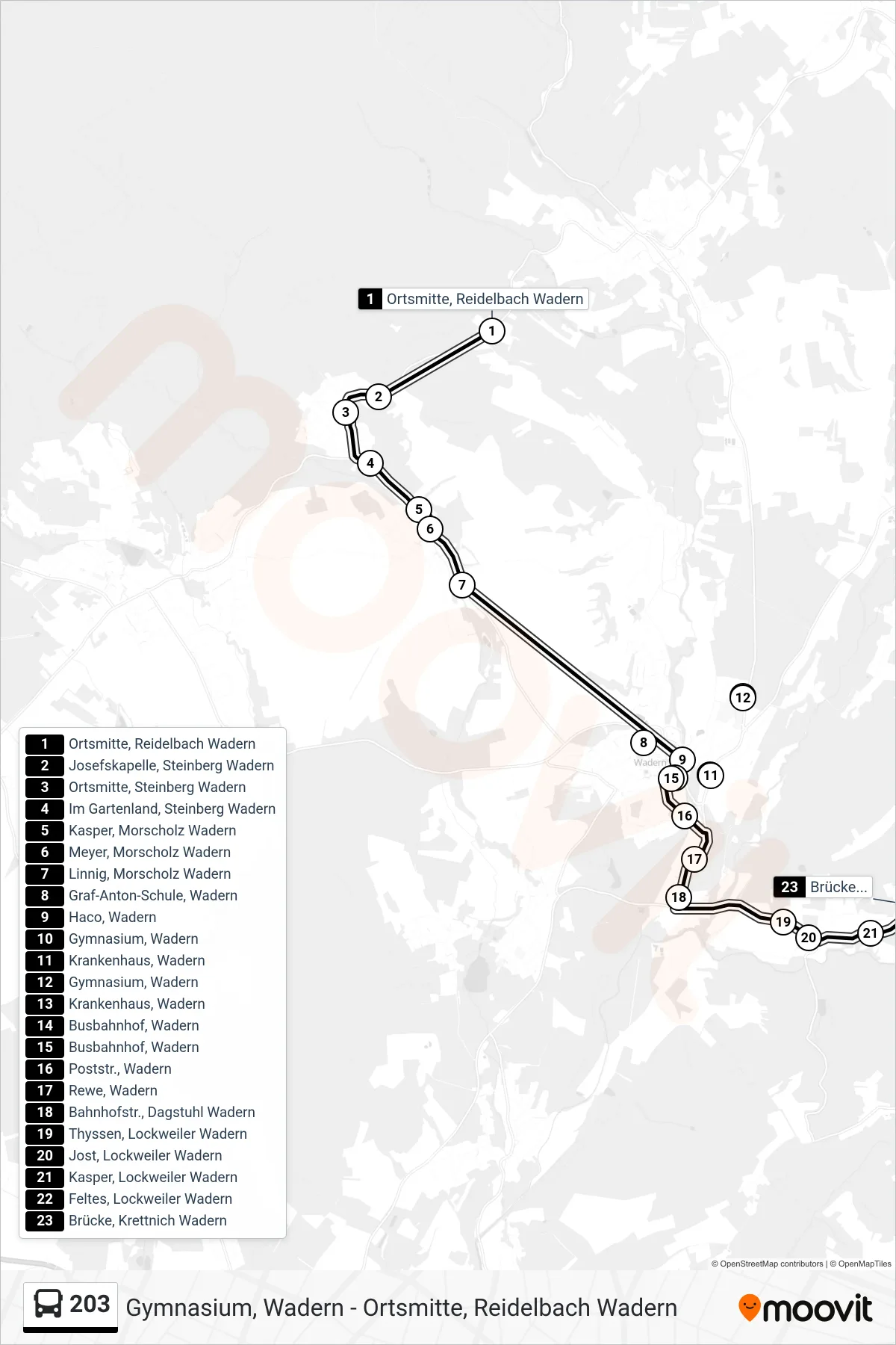 203 bus Line (Brücke, Krettnich Wadern) route and stops on a map