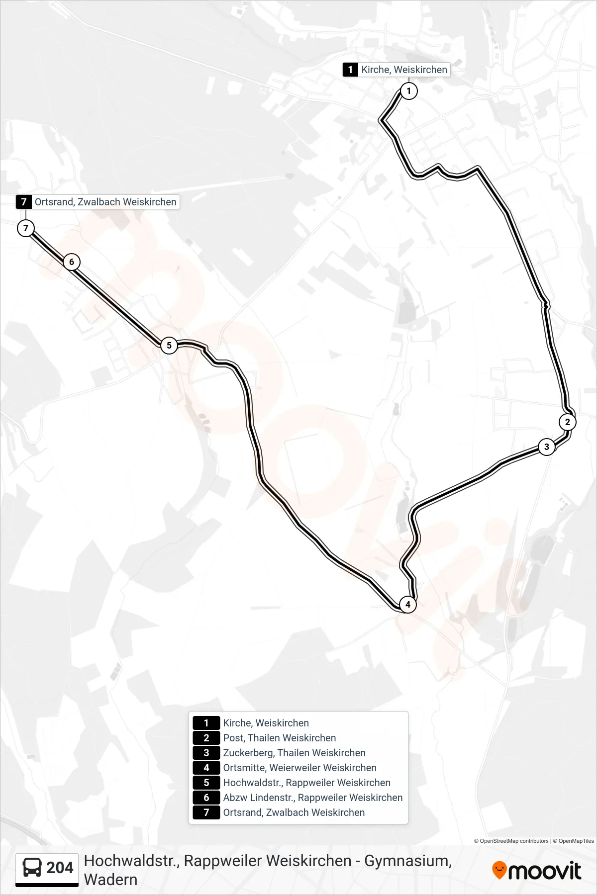204 bus Line (Ortsrand, Zwalbach Weiskirchen) route and stops on a map