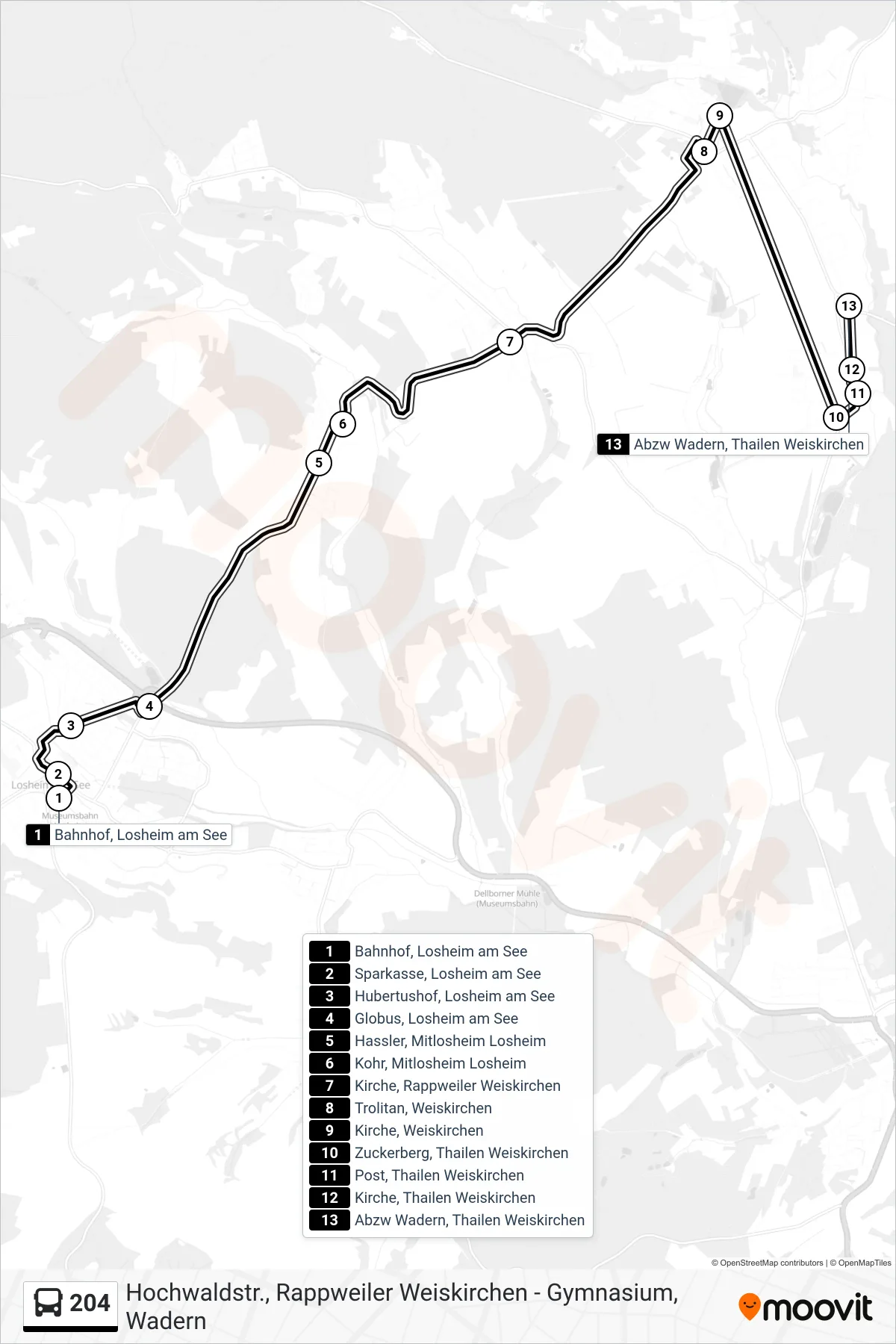 204 bus Line (Abzw Wadern, Thailen Weiskirchen) route and stops on a map