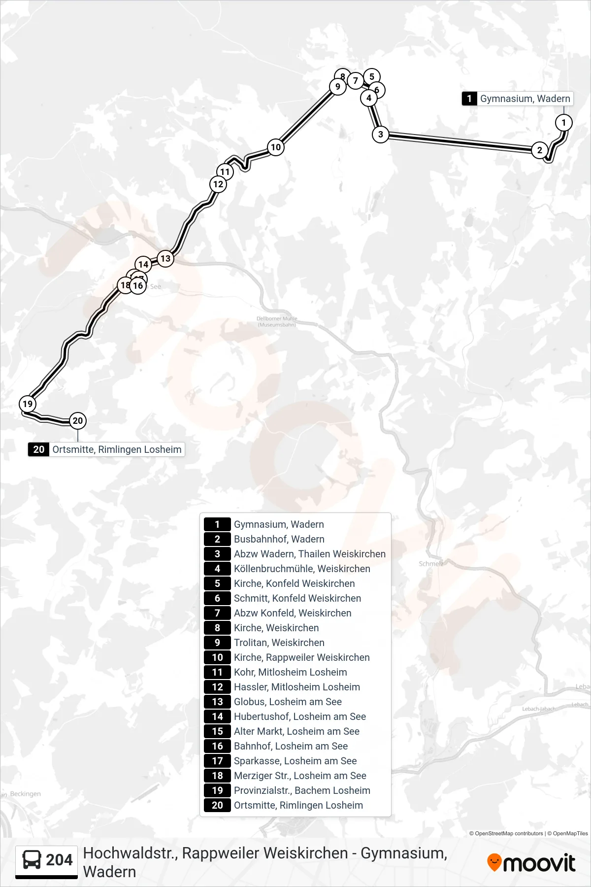204 bus Line (Ortsmitte, Rimlingen Losheim) route and stops on a map