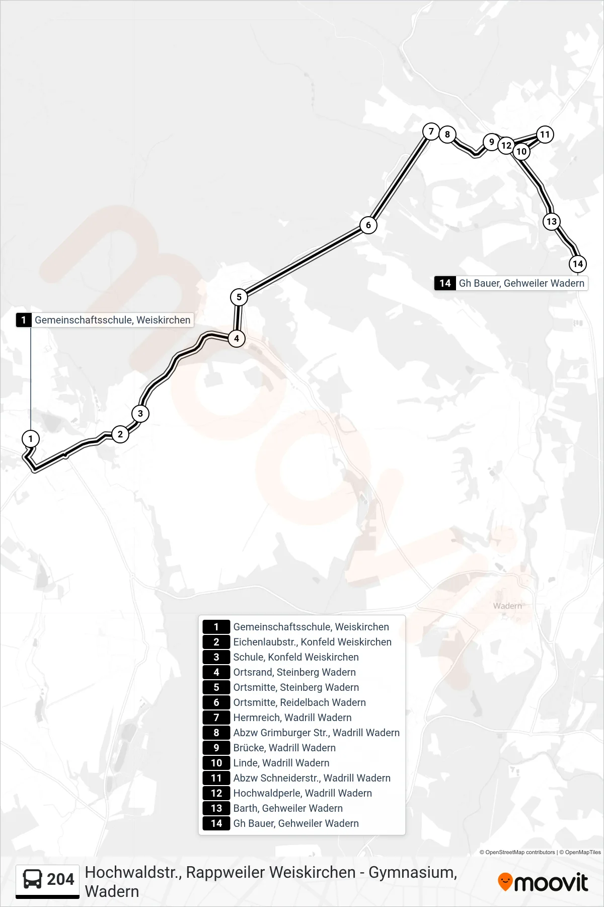 204 bus Line (Gh Bauer, Gehweiler Wadern) route and stops on a map