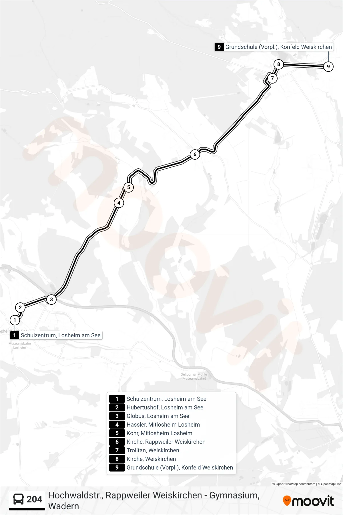 204 bus Line (Grundschule (Vorpl.), Konfeld Weiskirchen) route and stops on a map