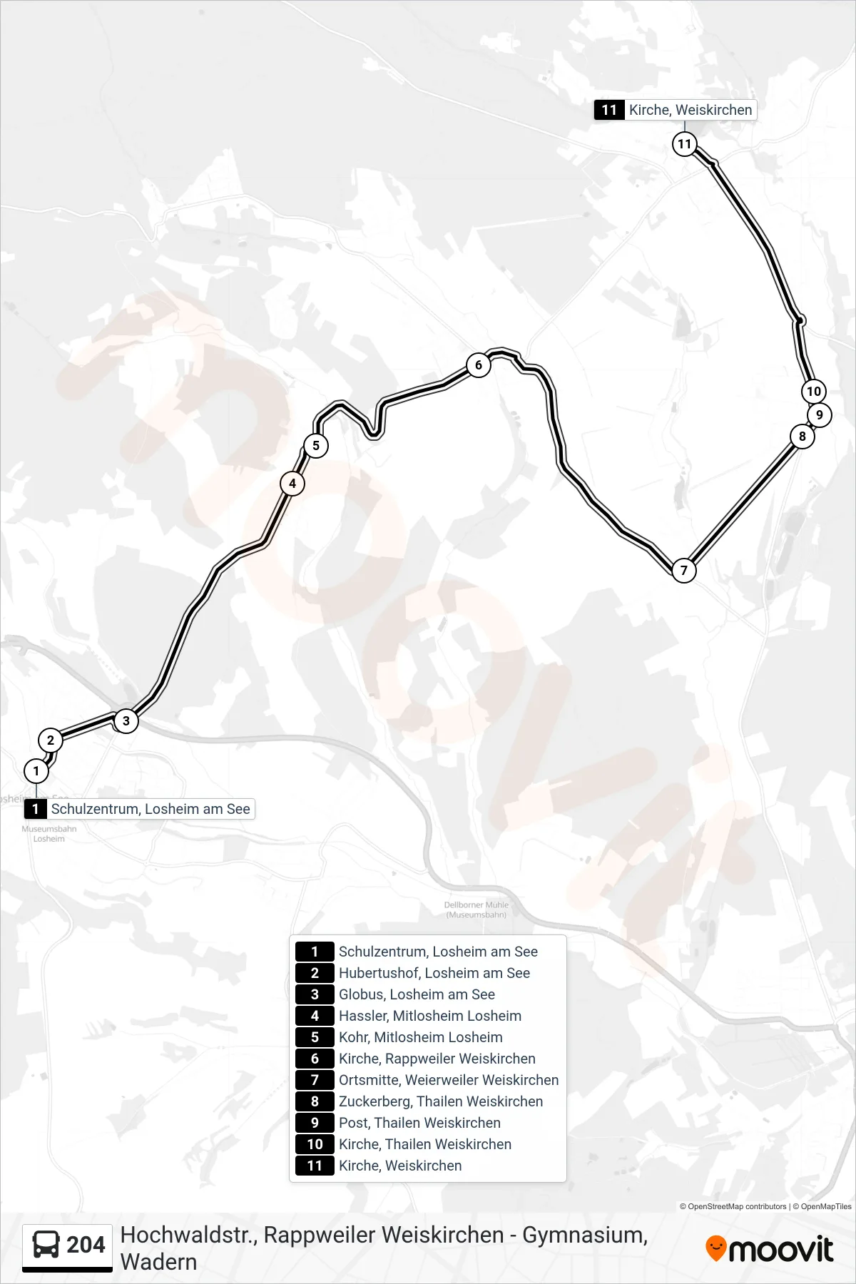 204 bus Line (Kirche, Weiskirchen) route and stops on a map