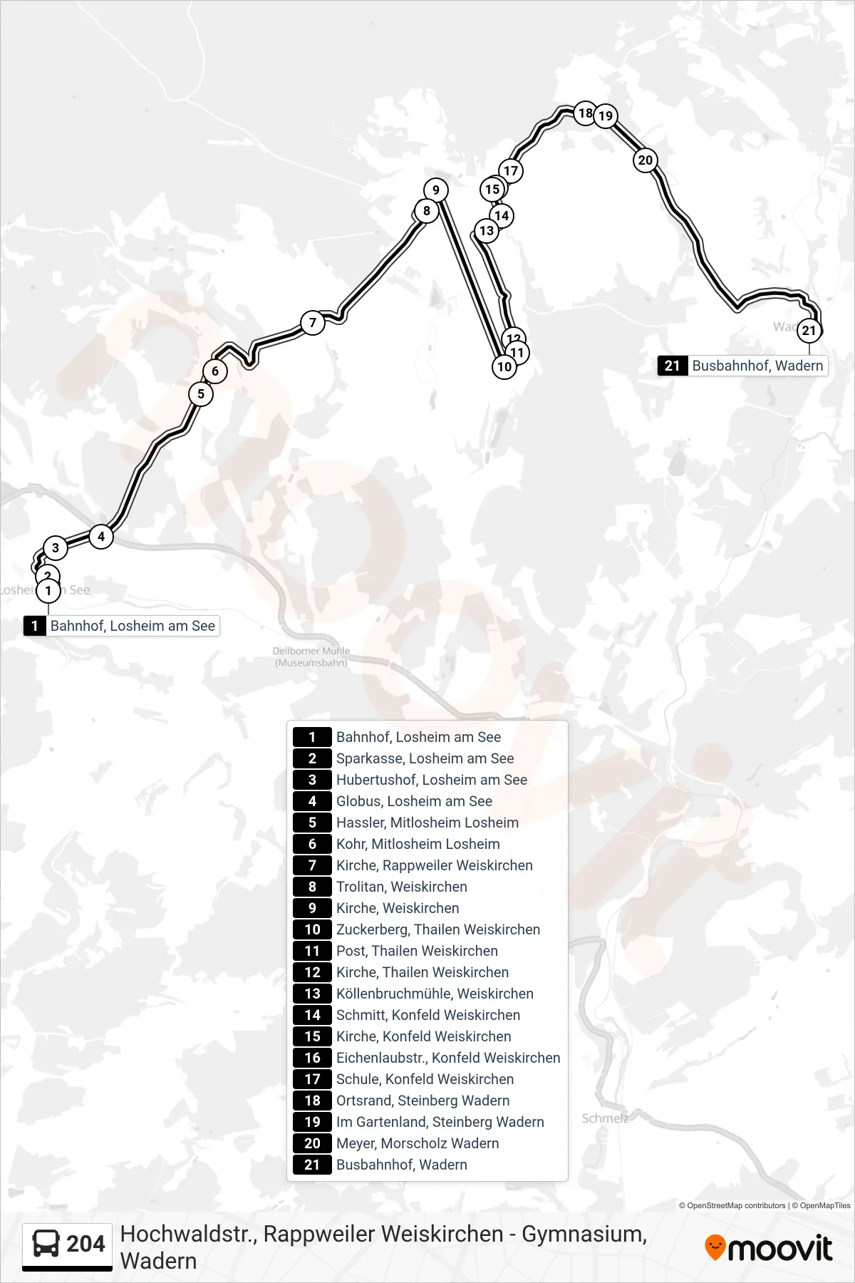 Linie 204 (Bus) Richtung Busbahnhof, Wadern: Route und Haltestellen auf der Karte