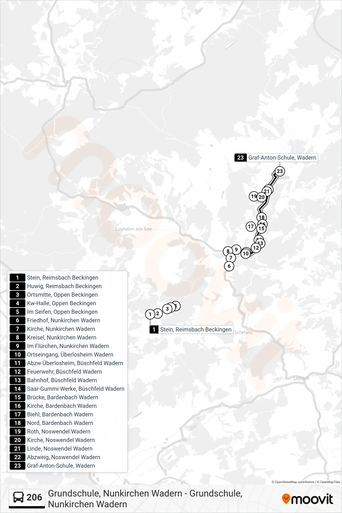 206 bus Line (Graf-Anton-Schule, Wadern) route and stops on a map