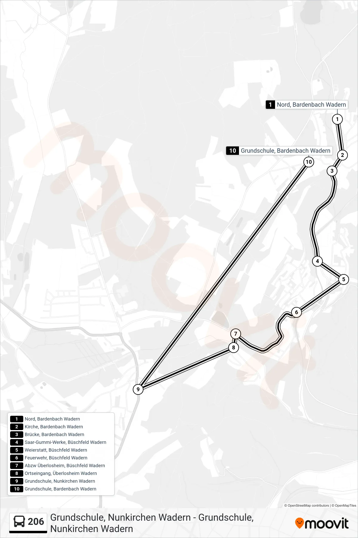 206 bus Line (Grundschule, Bardenbach Wadern) route and stops on a map