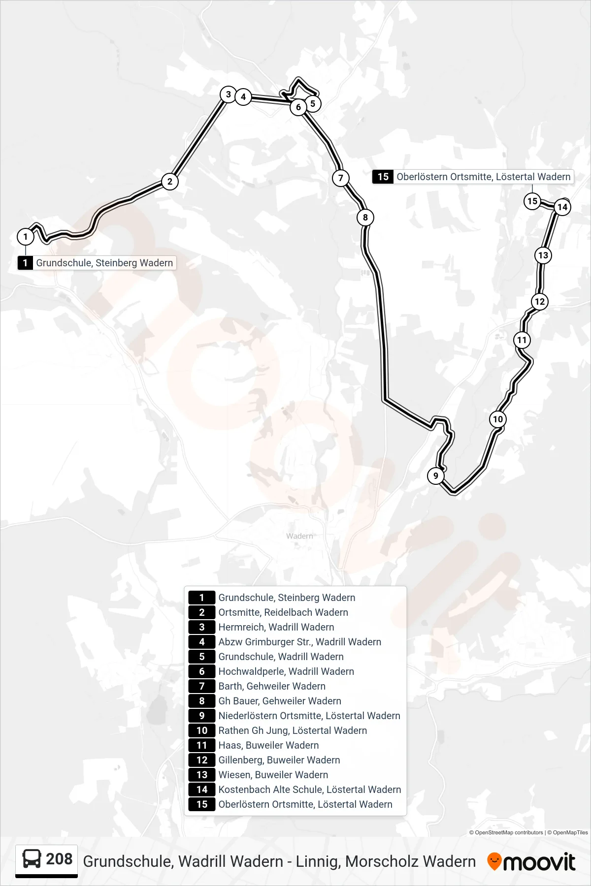208 bus Line (Löstertal) route and stops on a map