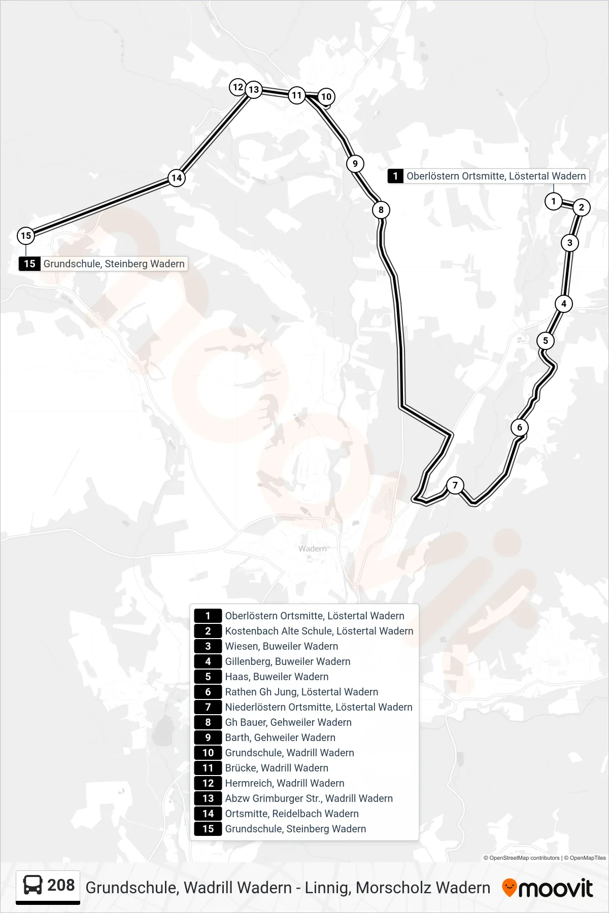 208 bus Line (Grundschule, Steinberg Wadern) route and stops on a map