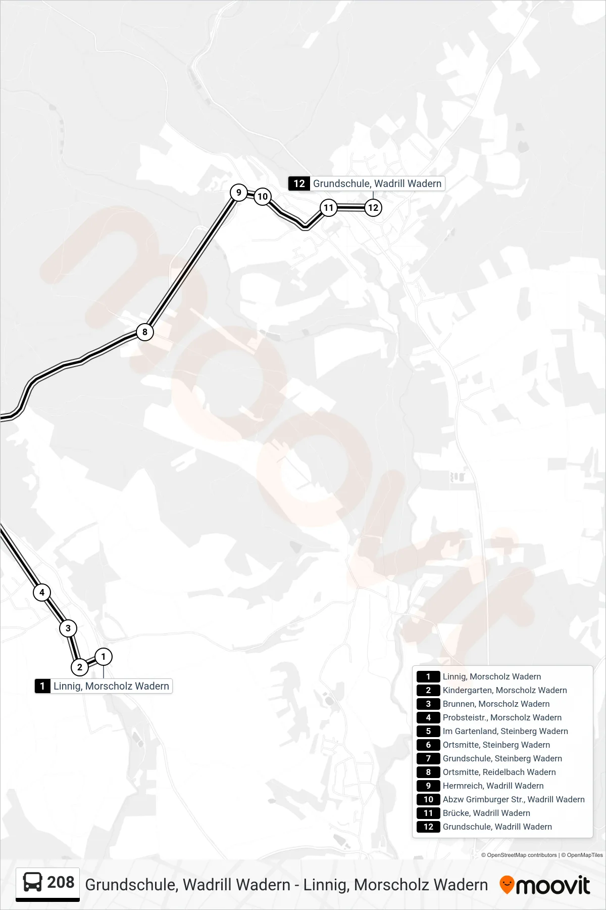 208 bus Line (Grundschule, Wadrill Wadern) route and stops on a map