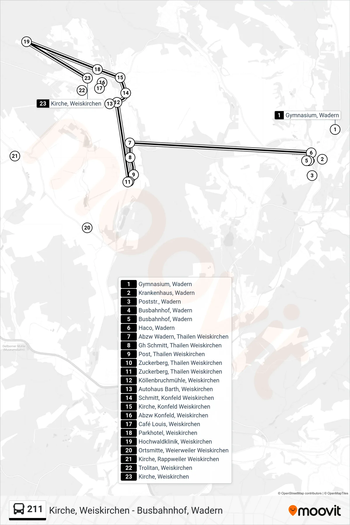 Linie 211 (Bus) Richtung Kirche, Weiskirchen: Route und Haltestellen auf der Karte