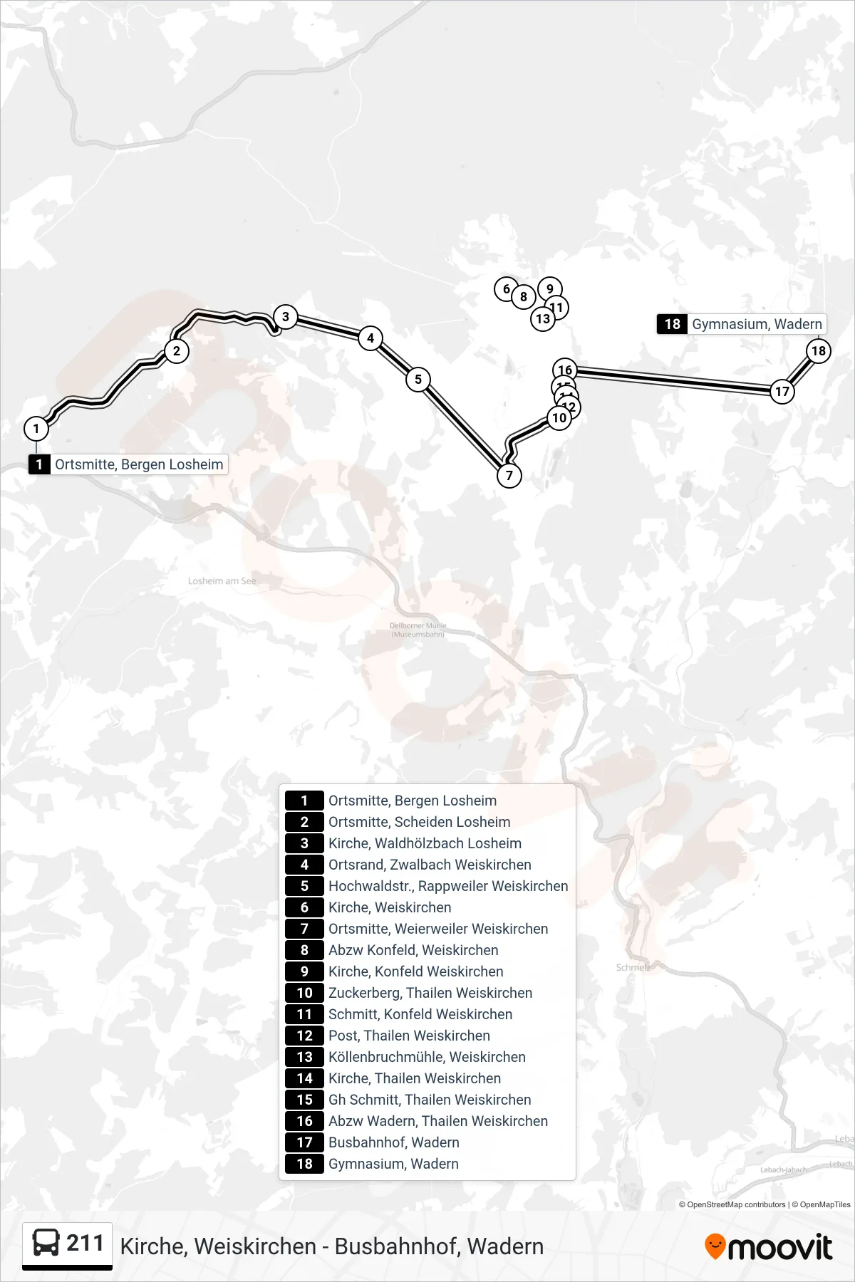 211 bus Line (Gymnasium, Wadern) route and stops on a map