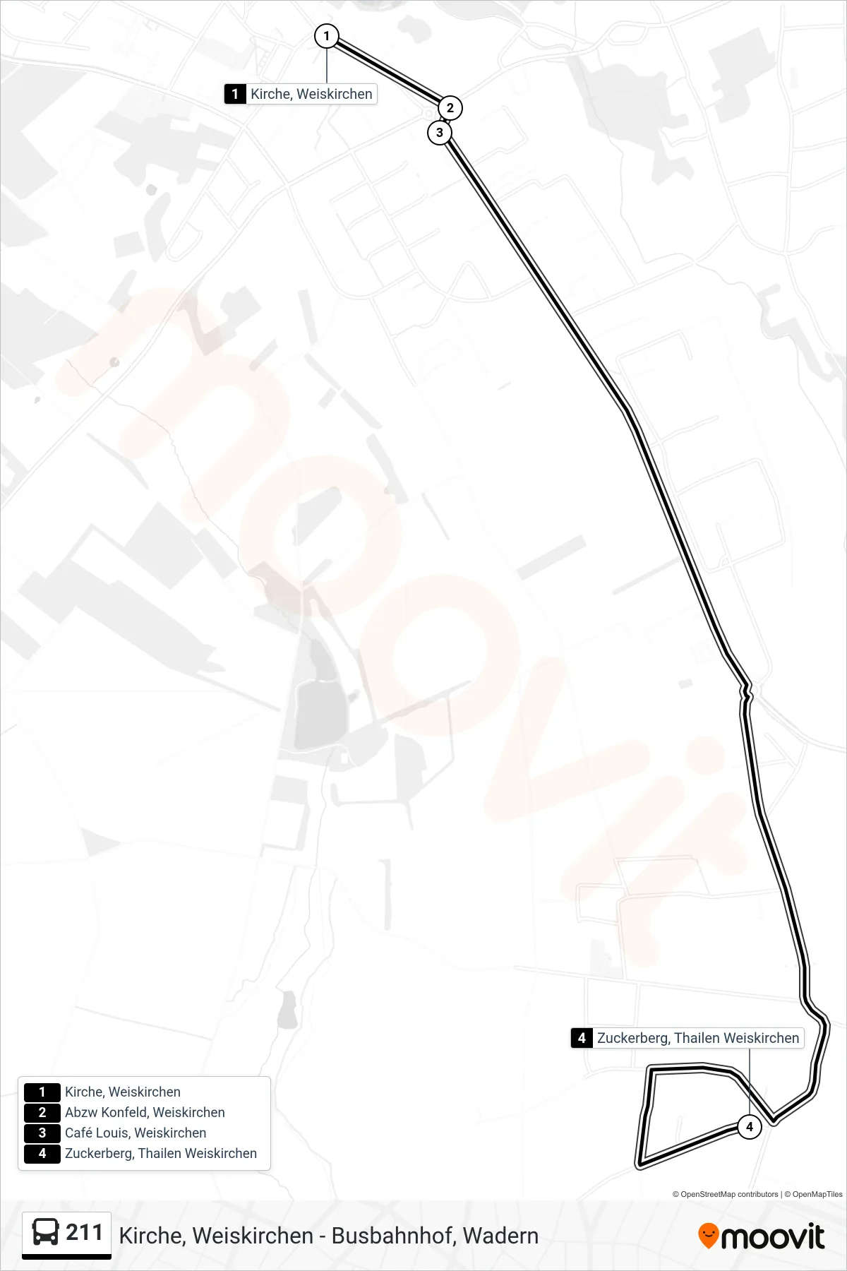 211 bus Line (Zuckerberg, Thailen Weiskirchen) route and stops on a map