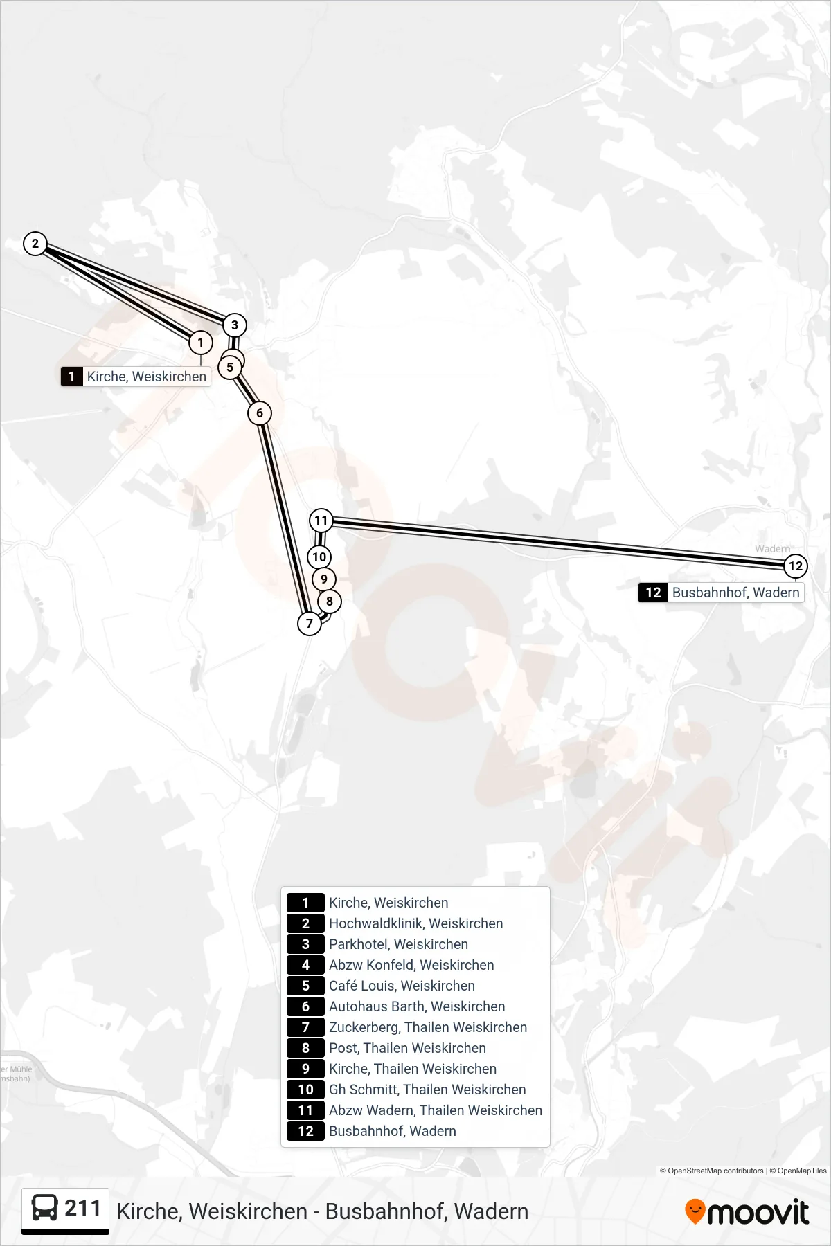 211 bus Line (Busbahnhof, Wadern) route and stops on a map