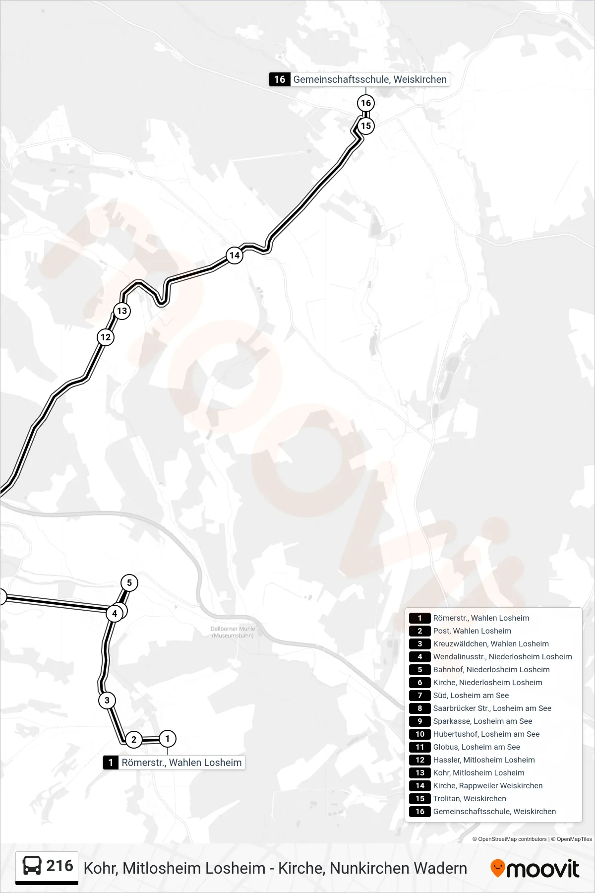 216 bus Line (Gemeinschaftsschule, Weiskirchen) route and stops on a map