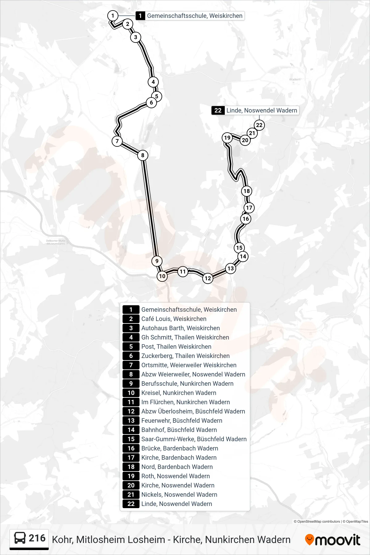 216 bus Line (Linde, Noswendel Wadern) route and stops on a map