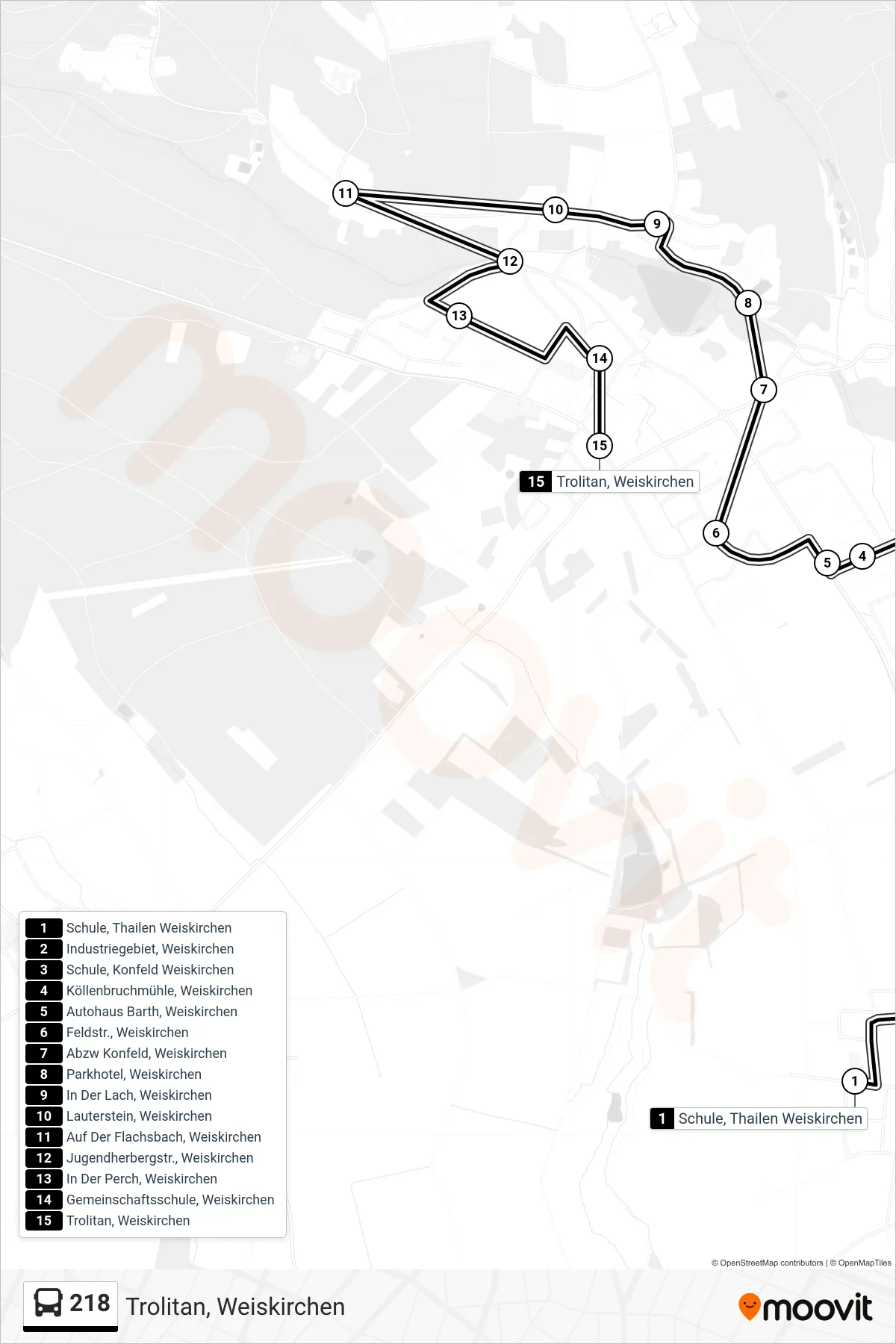 218 bus Line (Trolitan, Weiskirchen) route and stops on a map