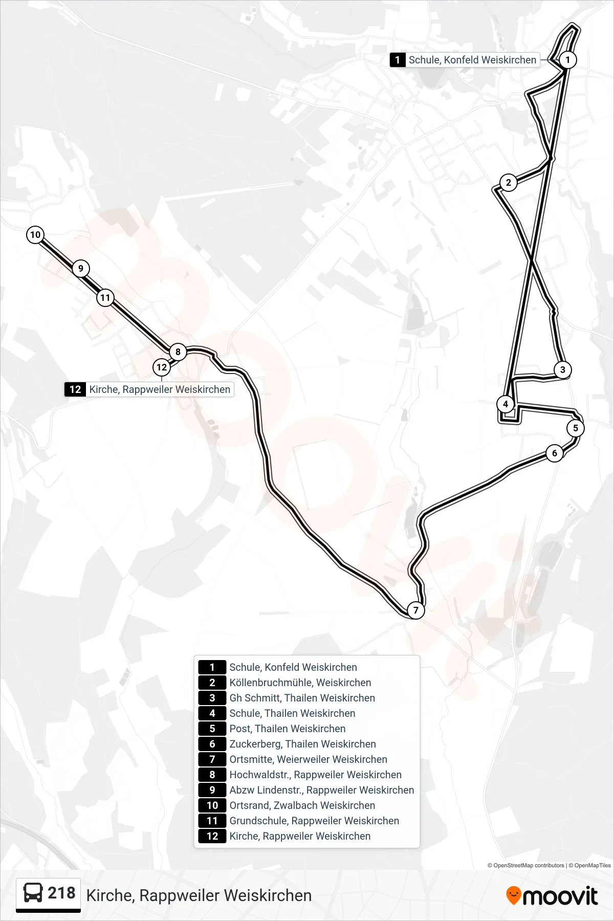 218 bus Line (Kirche, Rappweiler Weiskirchen) route and stops on a map