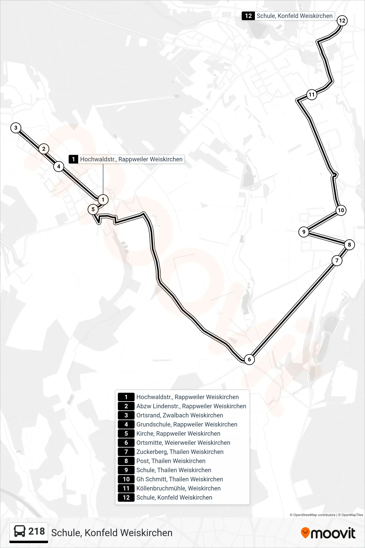 218 bus Line (Schule, Konfeld Weiskirchen) route and stops on a map
