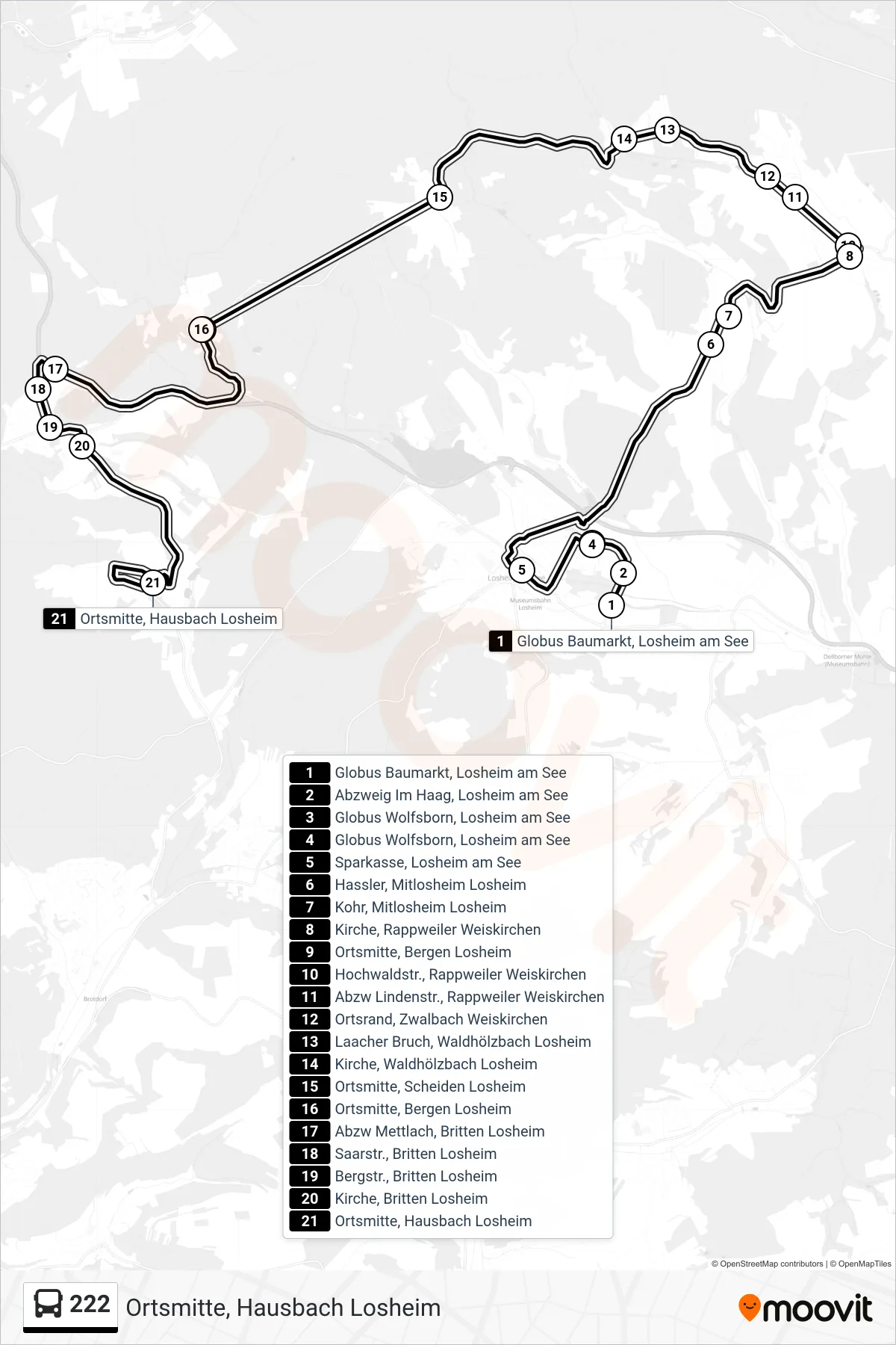 222 bus Line (Ortsmitte, Hausbach Losheim) route and stops on a map