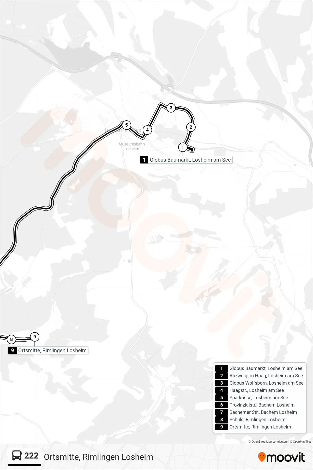 222 bus Line (Ortsmitte, Rimlingen Losheim) route and stops on a map