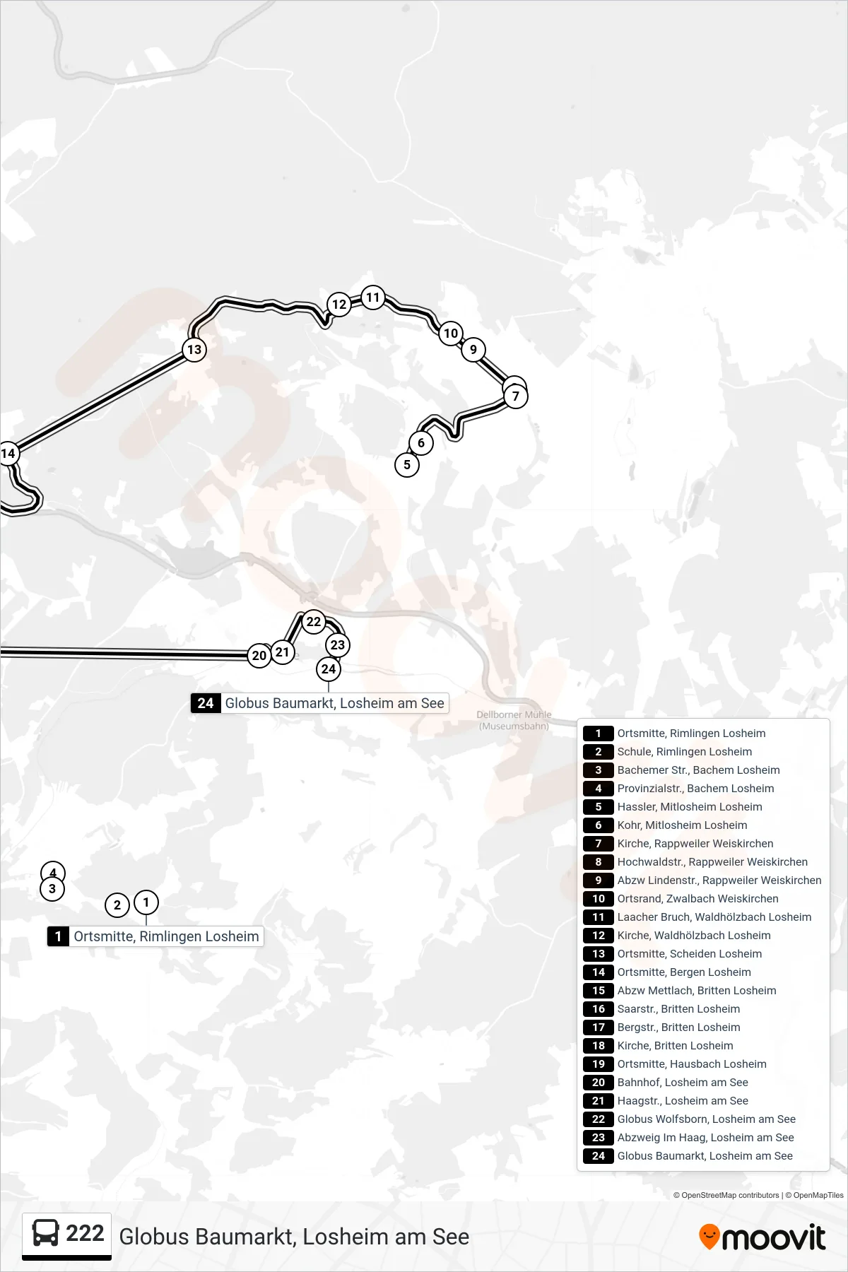 222 bus Line (Globus Baumarkt, Losheim am See) route and stops on a map