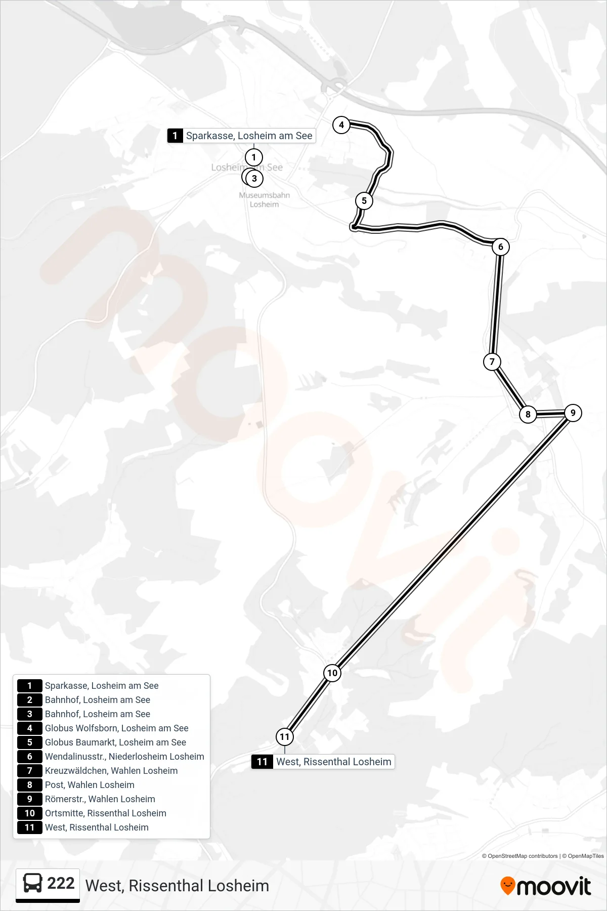 222 bus Line (West, Rissenthal Losheim) route and stops on a map